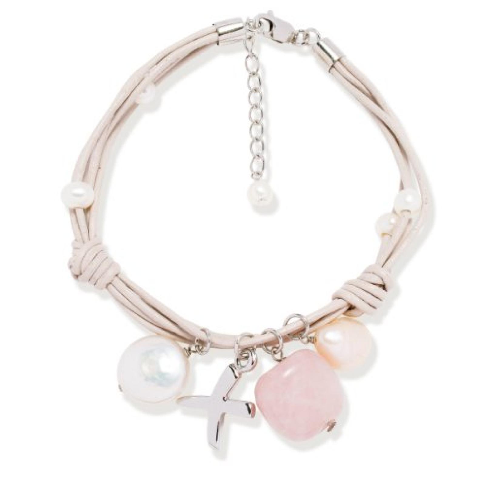 Valero Pearls Fashion Collection Damen-Armband Hochwertige S&uuml;&szlig;wasser-Zuchtperlen in ca.  4-10 mm Barock wei&szlig; / champagner Armschmuck Sonstige Leder beige Rosenquarz 18 cm + 5 cm   60201606 