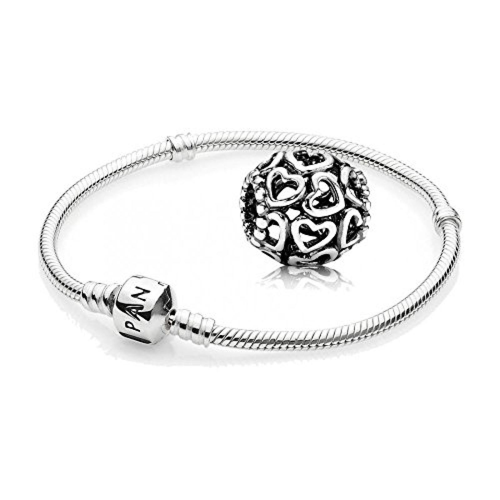Original Pandora Geschenkset - 1 Silber Armband 590702HV und 1 Filigranes Silber Element Öffne Dein Herz 790964 