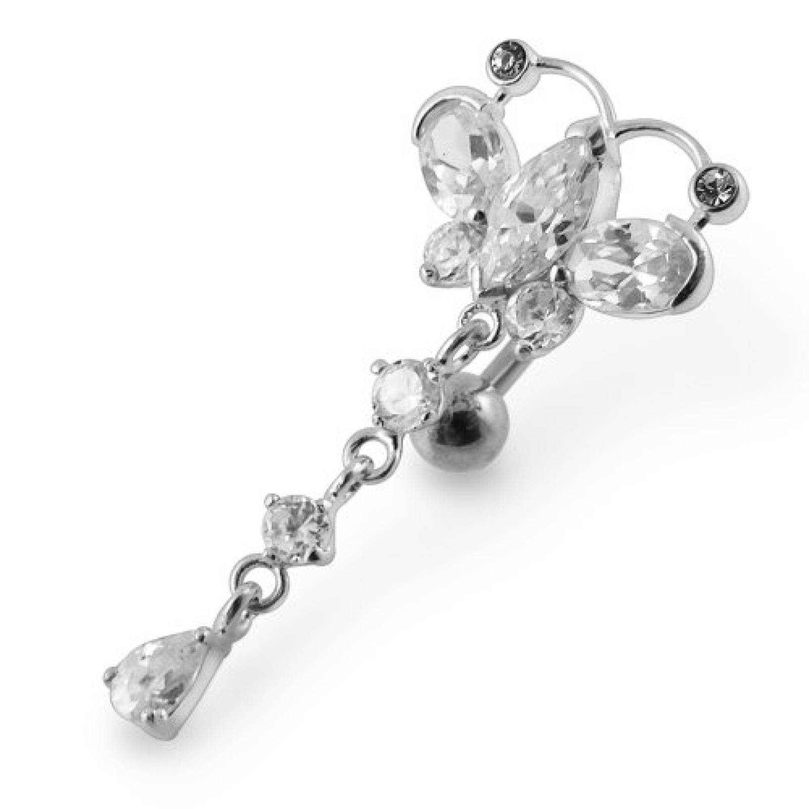 Thuppaki Jeweled Schmetterling mit rund- und Teardrop Gem baumelnd 925 Sterling Silber-Bauch-Nabel-Ring Thuppaki Jeweled Schmetterling mit rund- und Teardrop Gem baumelnd 925 Sterling Silber-Bauch-Nabel-Ring