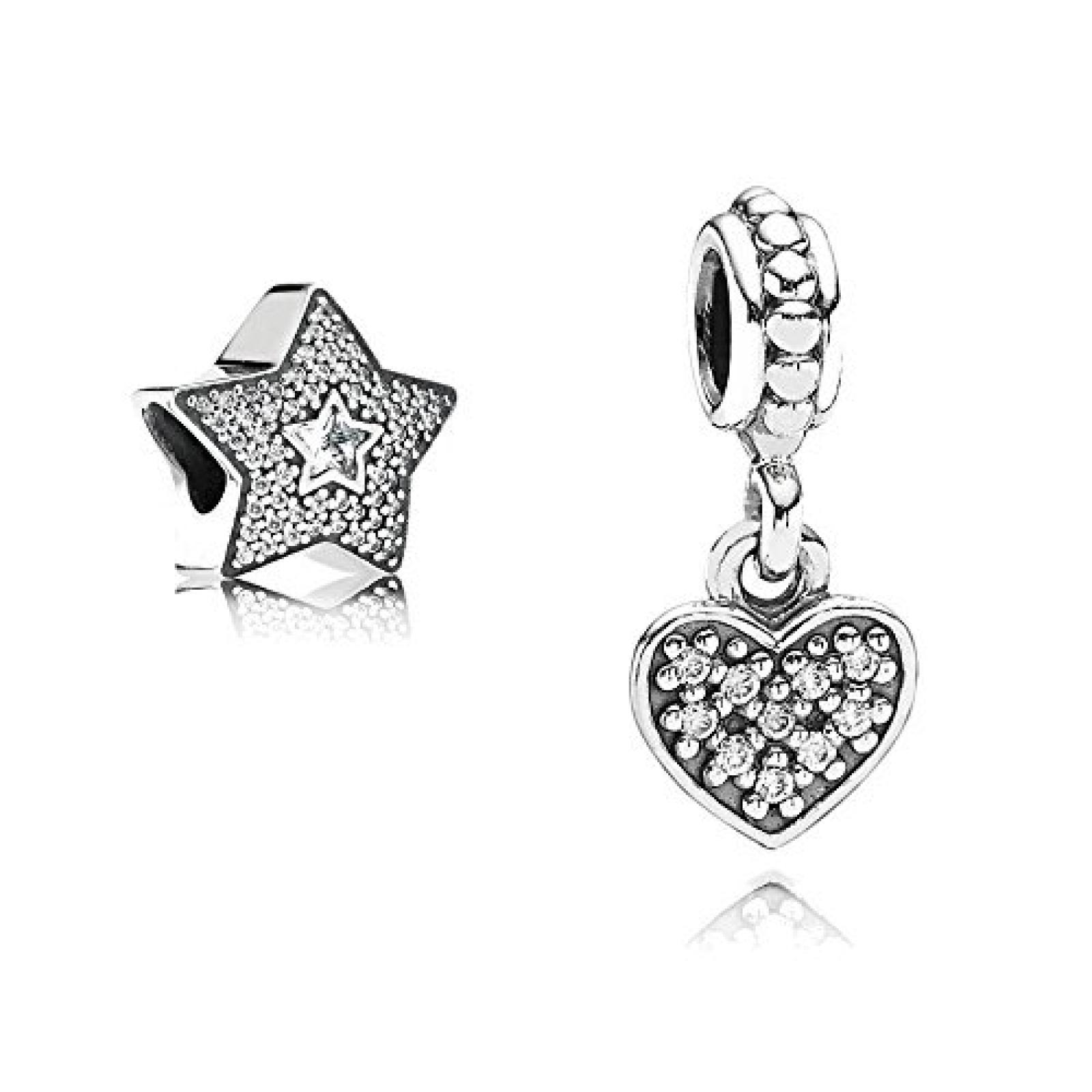 Original Pandora Geschenkset - 1 Silber Pendel H&auml;ngendes Pav&eacute; Herz mit klarem Zirkonia 791023CZ und 1 Silber Element Pav&eacute; Wunschstern mit klarem Zirkonia 791384CZ 