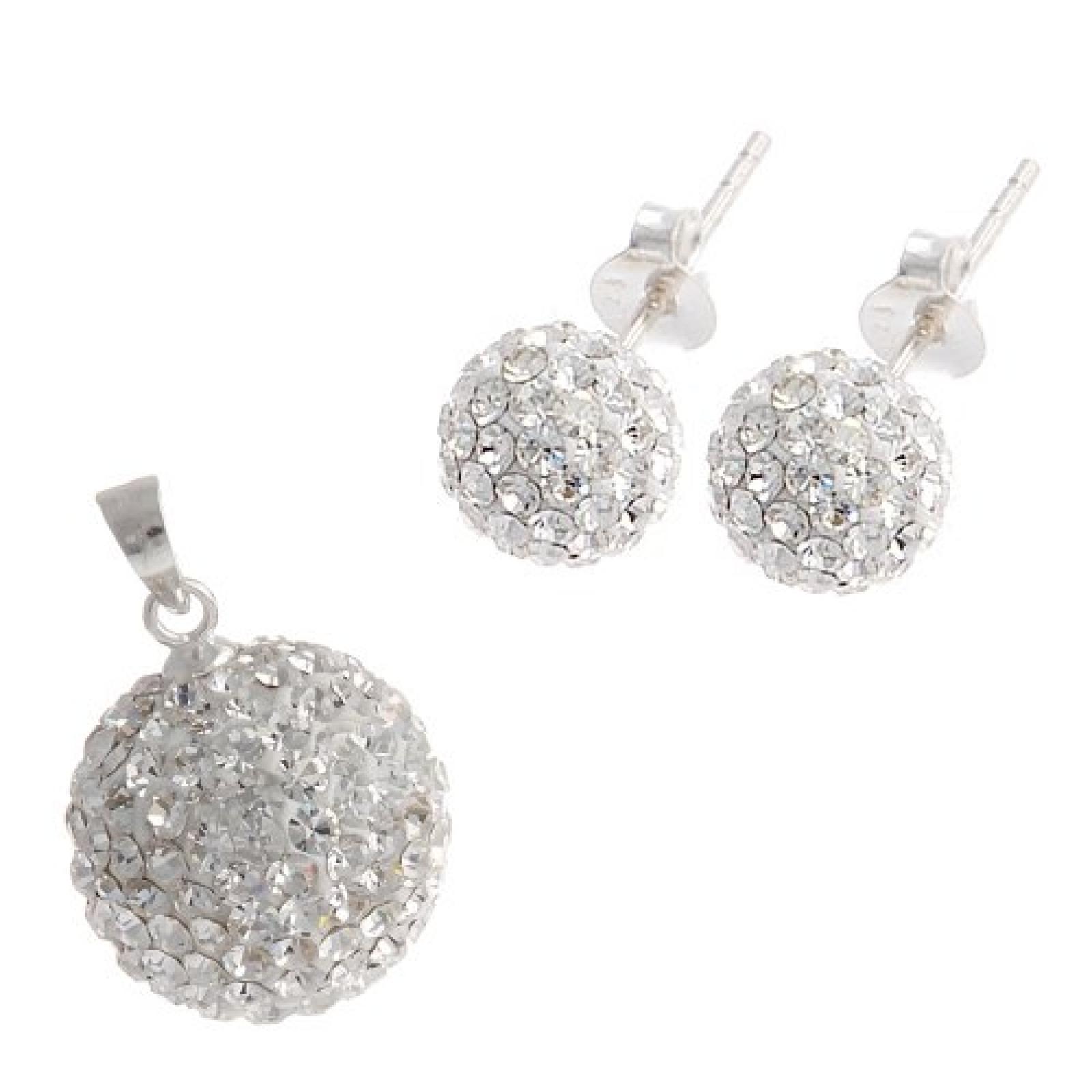 Bella Carina weißes SET Nr. 1 , Glitzer Kugeln, Ohrstecker - 8 mm und Anhänger - 14 mm, Kristall Glas Elements , Silber 925, Bella Carina weißes SET Nr. 1 , Glitzer Kugeln, Ohrstecker - 8 mm und Anhänger - 14 mm, Kristall Glas Elements , Silber 925,