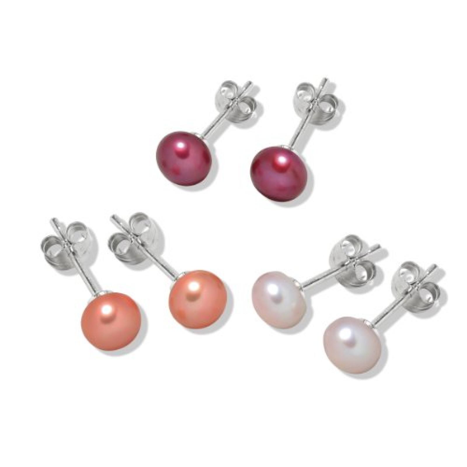 Valero Pearls Fashion Collection Damen-Set: 3 Paar Ohrstecker Hochwertige Süßwasser-Zuchtperlen in ca.  7 mm Button rosé 925 Sterling Silber       60020077 
