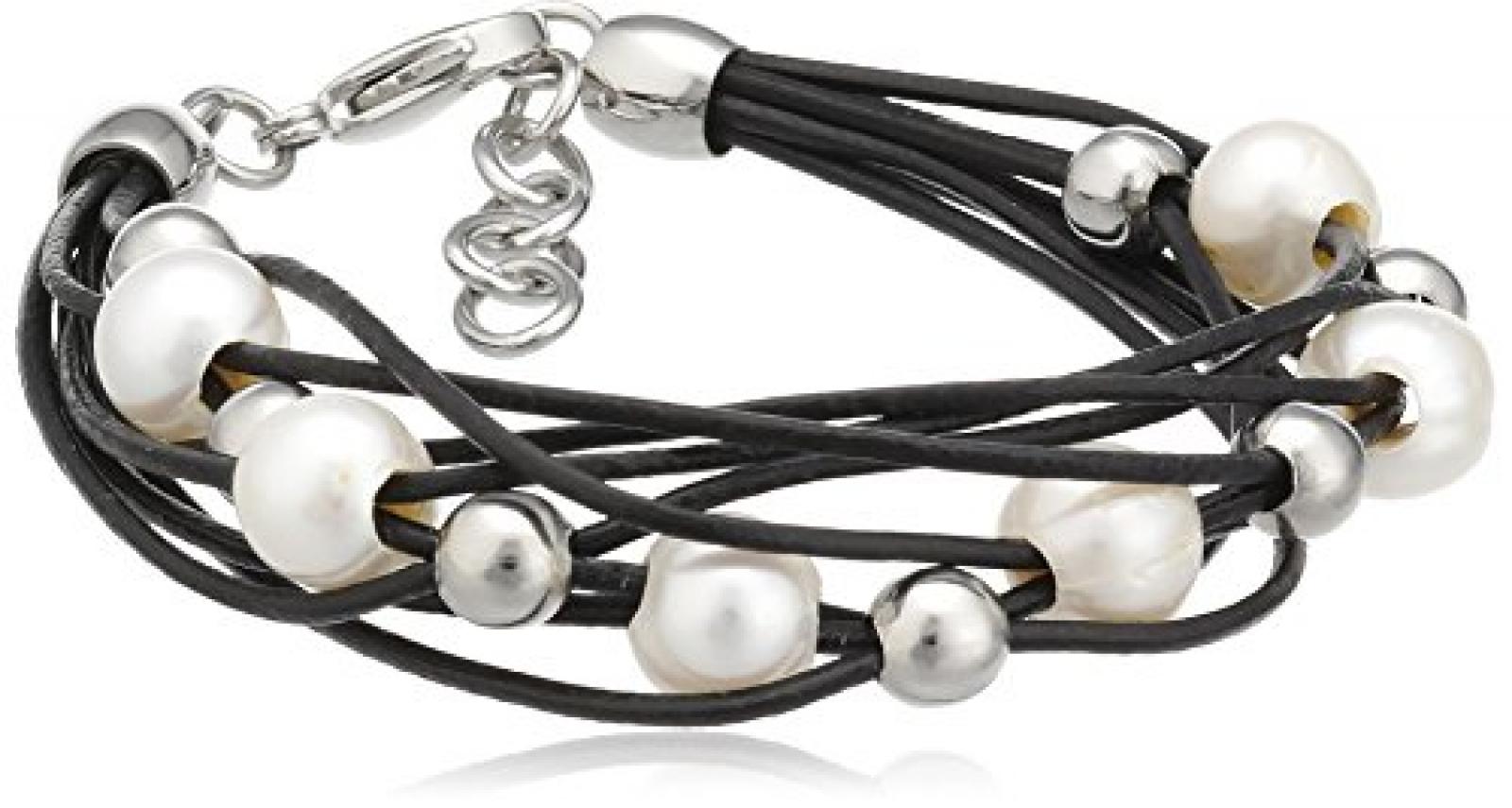 Zeeme Stainless Steel Unisex-Armband 18+2cm Leder 8-reihig schwarz mit sechs S&uuml;&szlig;wasserzuchtperlen 389060209 