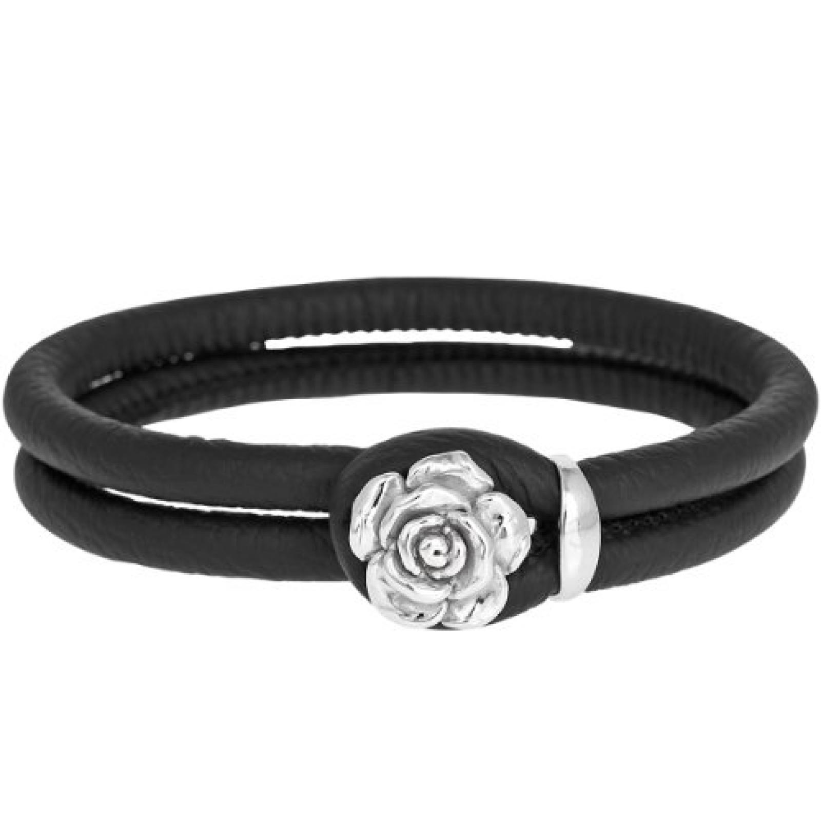 Bella Donna Damen-Lederarmband schwarz 925 Sterlingsilber 1 Rose 74070009 