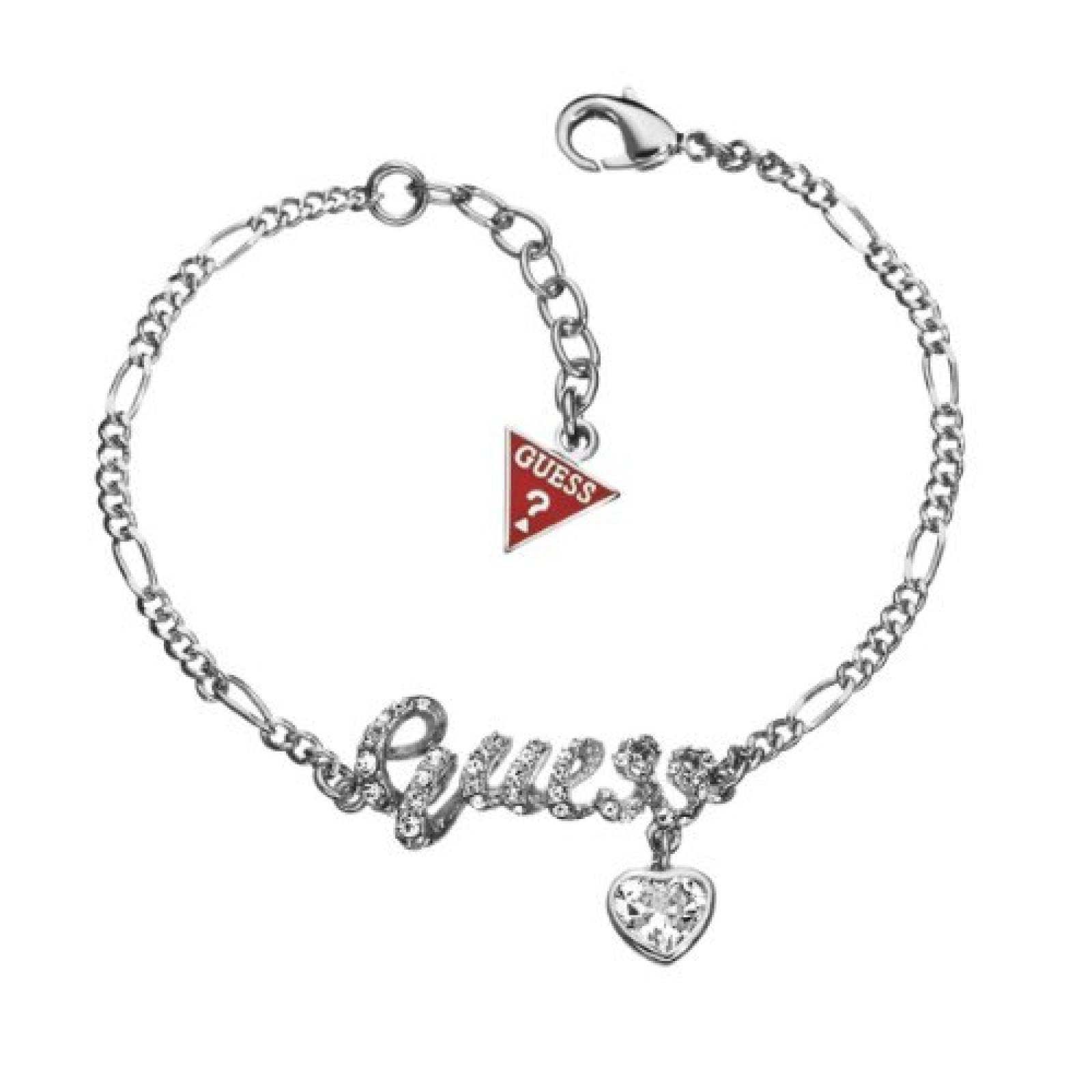 Guess Damen-Armband Silberfarben Rhodiniert Logoelement mit Kleinem Charm und Wei&szlig;en Schmucksteinchen UBB81113 