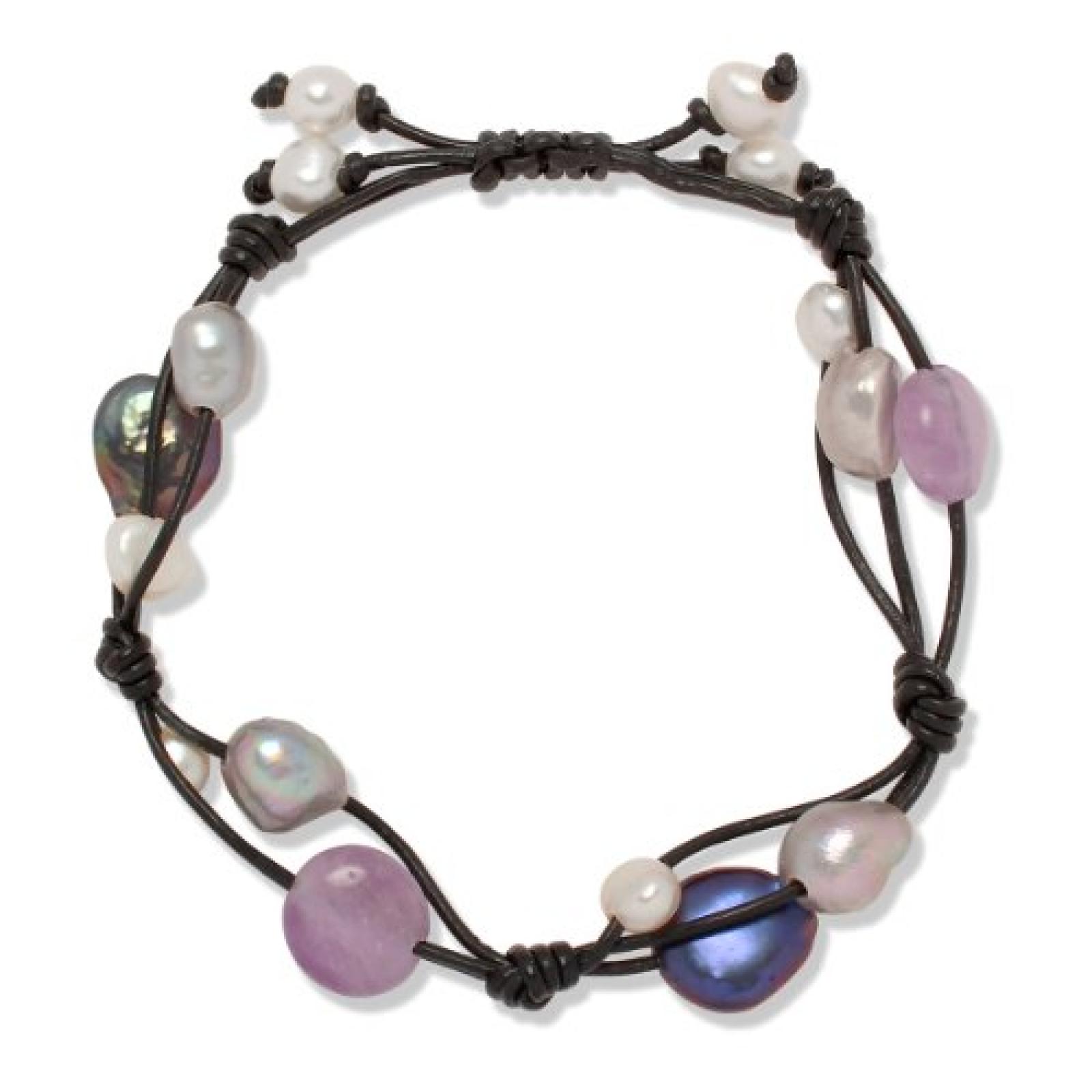 Valero Pearls Fashion Collection Damen-Armband Hochwertige S&uuml;&szlig;wasser-Zuchtperlen in ca.  5-8 mm Oval wei&szlig; / silbergrau / pfauenblau  Leder schwarz Amethyst 18 bis 24 cm   60020120 