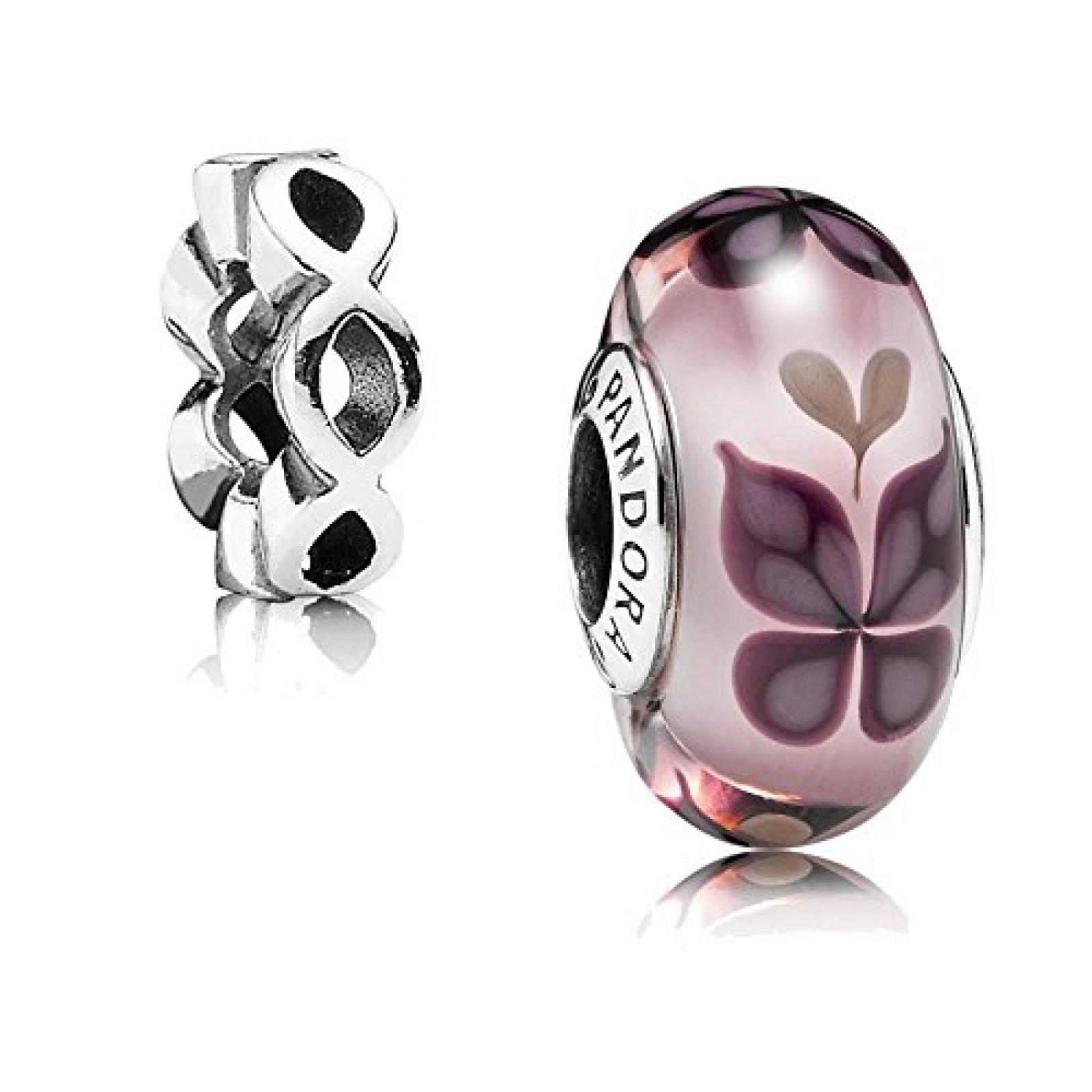 Original Pandora Geschenkset - 1 Silber Muranoglas Element Rosa Schmetterling 791621 und 1 Silber Zwischenelement Sonnenrad 790867 