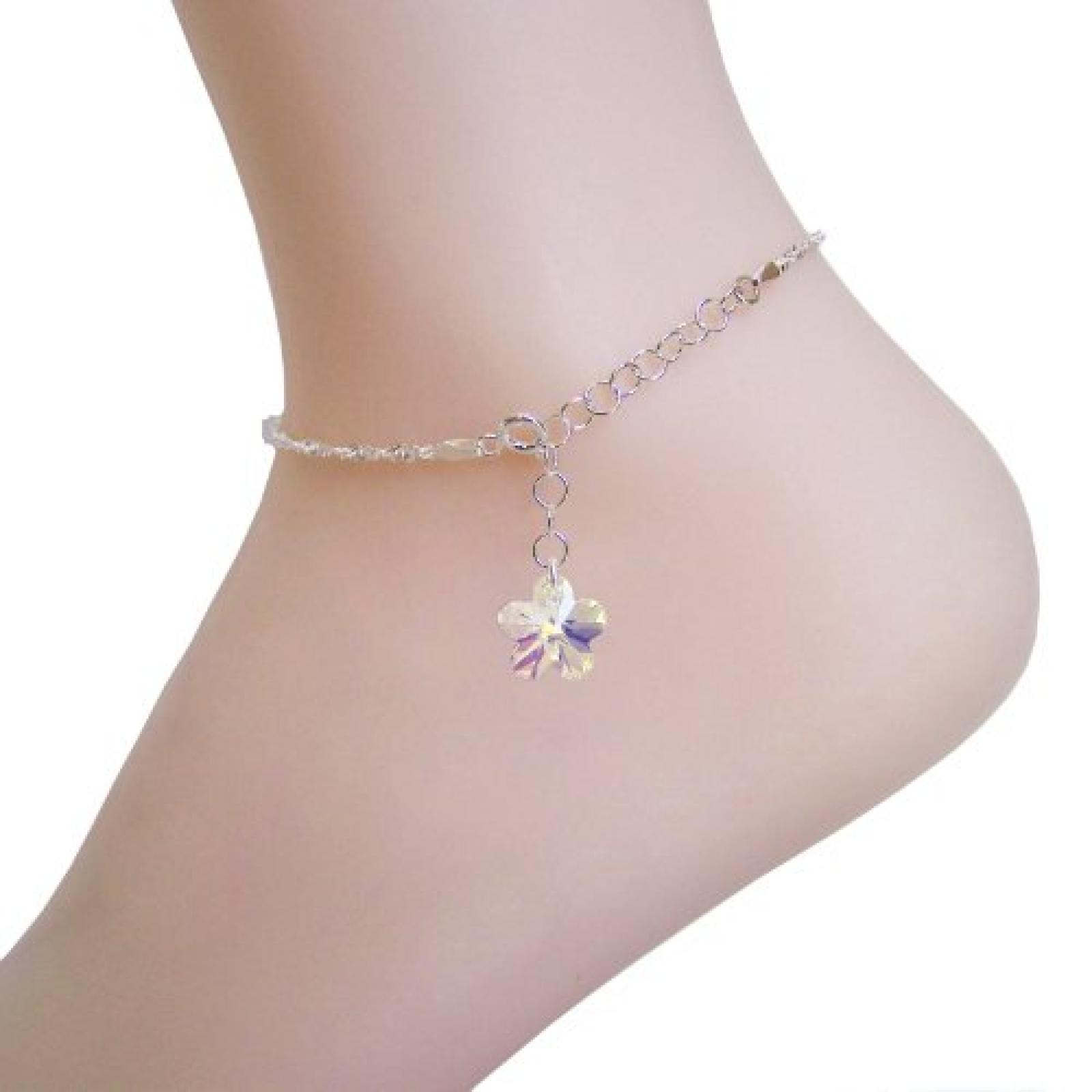 Fu&szlig;kette aus 925 Silber mit SWAROVSKI ELEMENTS Kristall Blume in Crystal Aurora Boreale 