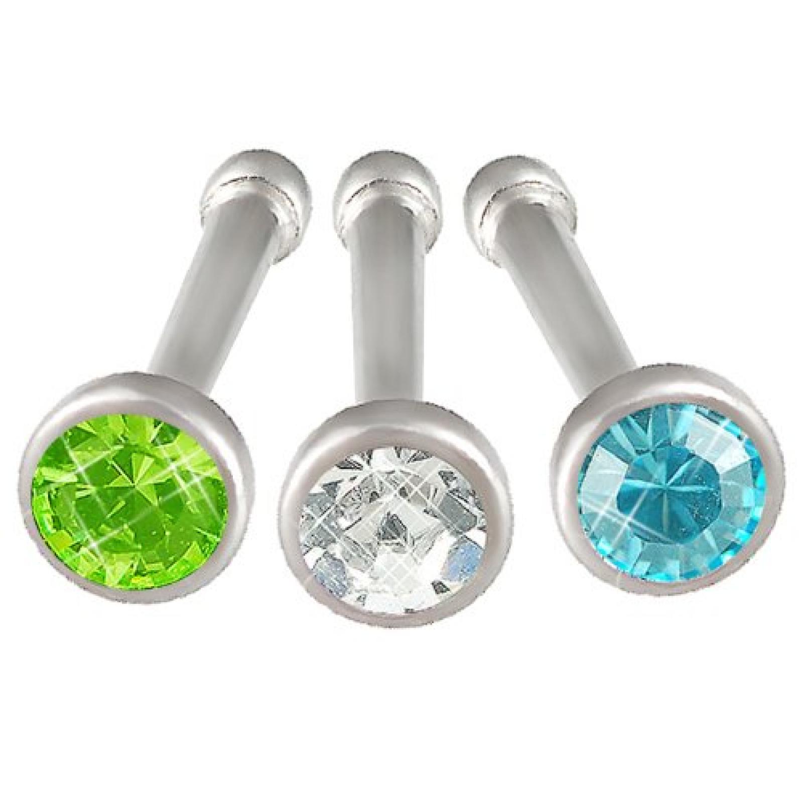 3er Set 1mm Nasenstecker Stollen ringe surgical steel Piercing Schmuck Aquamarin Kristall BLBV 