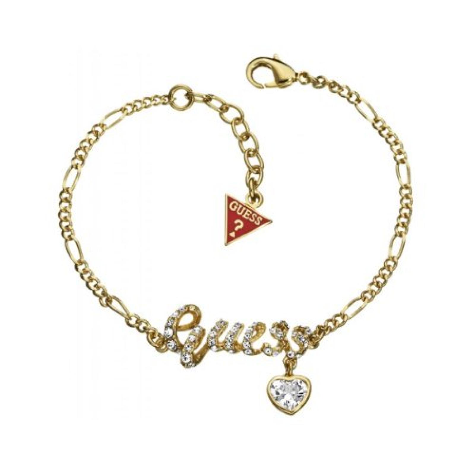 Guess Damen-Armband Goldfarben Logoelement mit Kleinem Charm und Wei&szlig;en Schmucksteinchen UBB81114 
