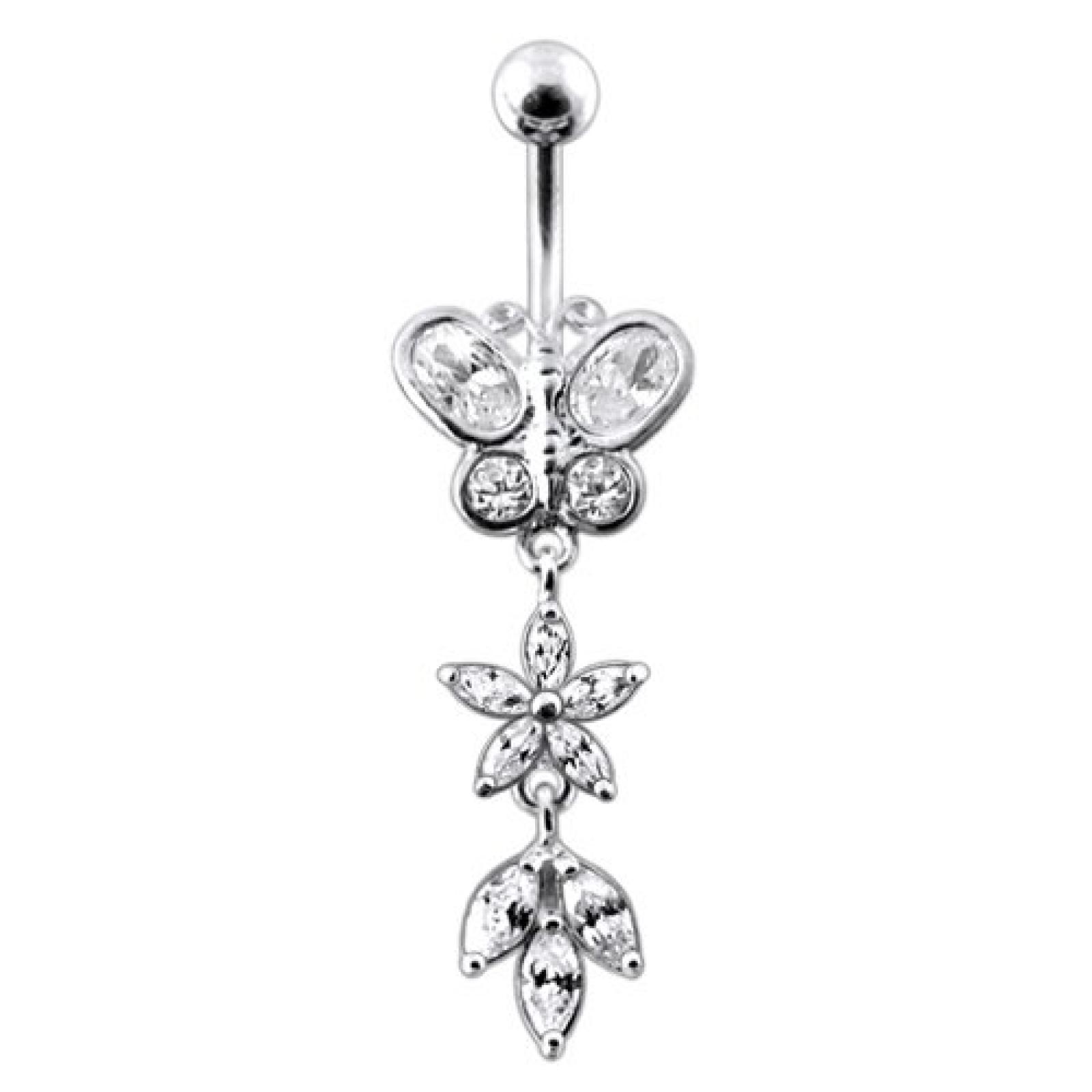 Thuppaki Schmetterling und Blume 925er Silber mit 14G - 3/8 Zoll (1.6x10MM) 316L chirurgischer Stahl Banana Belly Ring Thuppaki Schmetterling und Blume 925er Silber mit 14G - 3/8 Zoll (1.6x10MM) 316L chirurgischer Stahl Banana Belly Ring