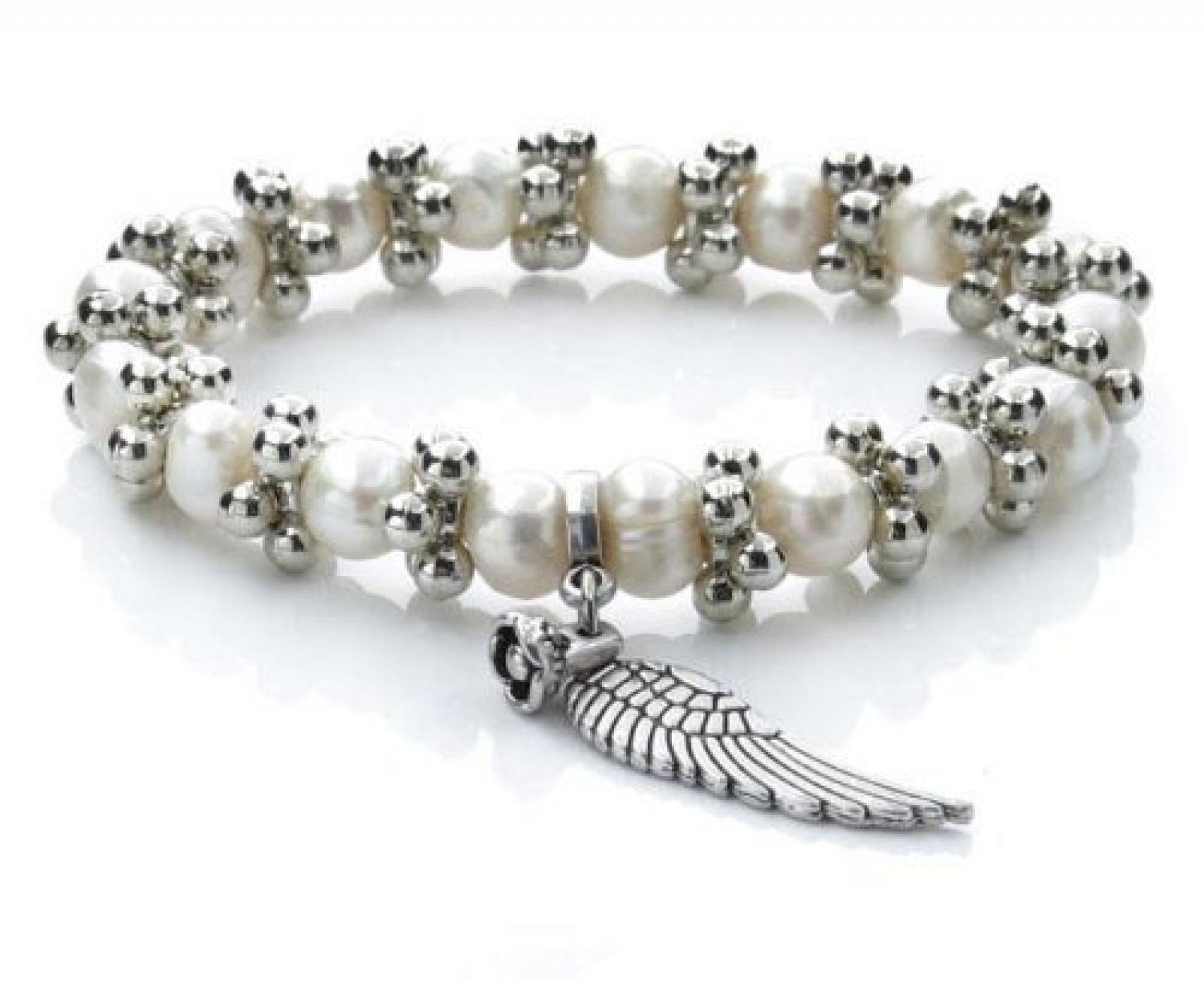 Silvity Pearls Silvity Perlenarmband Armband aus Echten S&uuml;&szlig;wasserperlen Herz und Fl&uuml;gel Farbe: wei&szlig; 5 mm 704803-20 