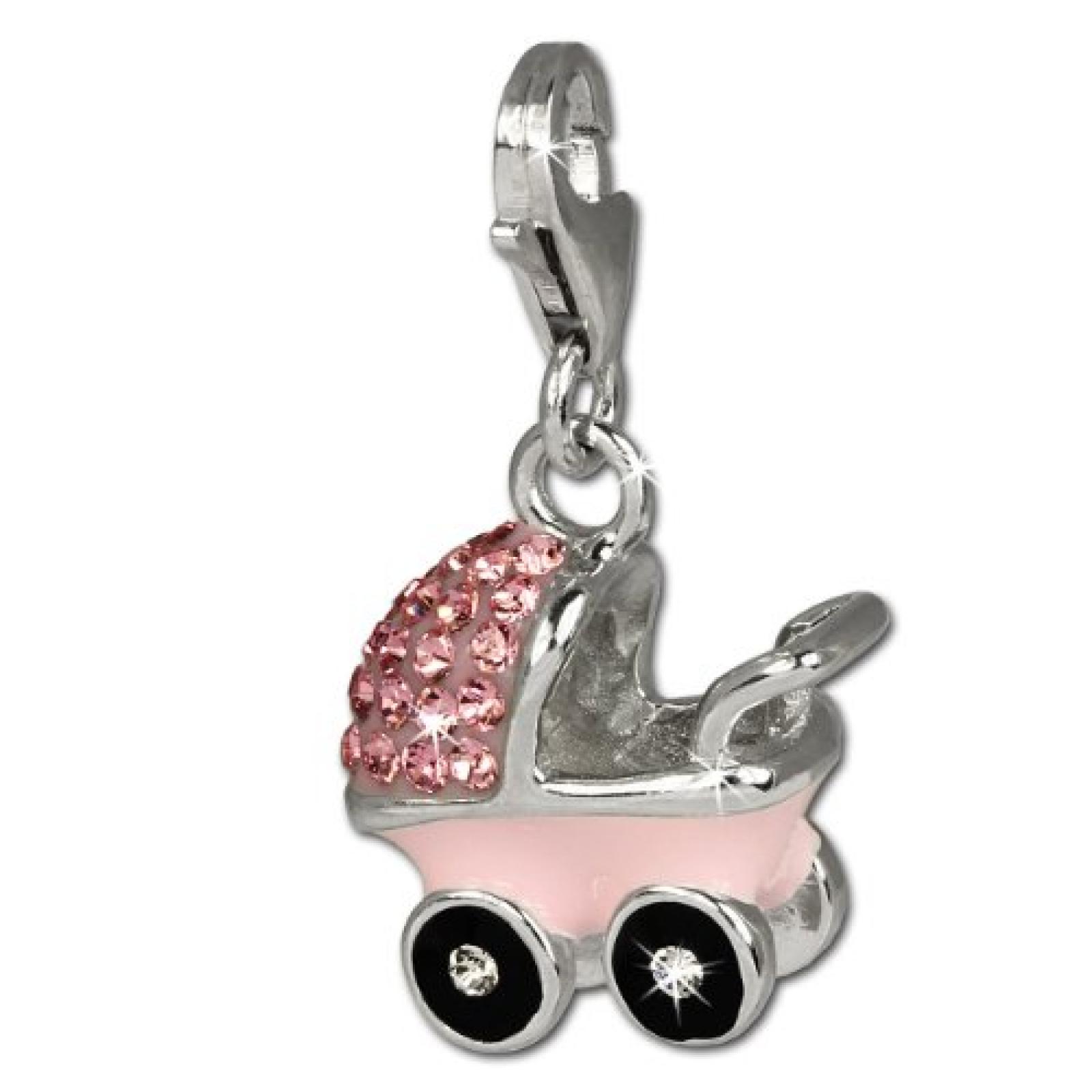 SilberDream Glitzer Charm Kinderwagen rosa Zirkonia Kristalle Anh&auml;nger 925 Silber f&uuml;r Bettelarmb&auml;nder Kette Ohrring GSC501A 