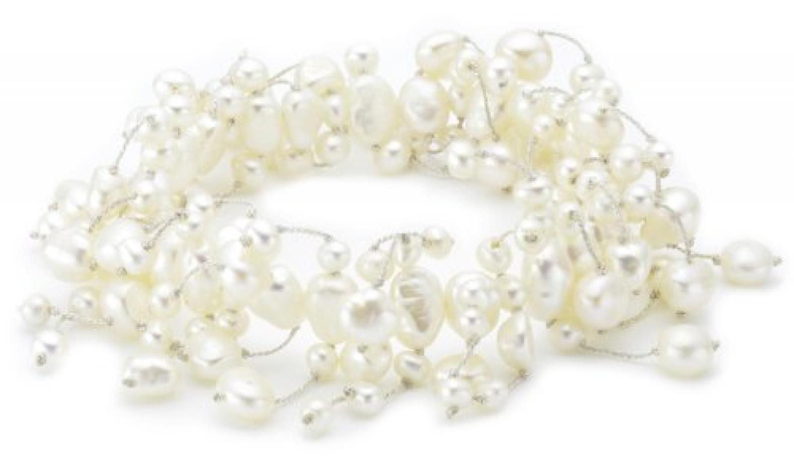 Valero Pearls Fashion Collection Damen-Armband elastisch Hochwertige Süßwasser-Zuchtperlen in ca.  4-6 mm Barock weiß     19 cm   120320 