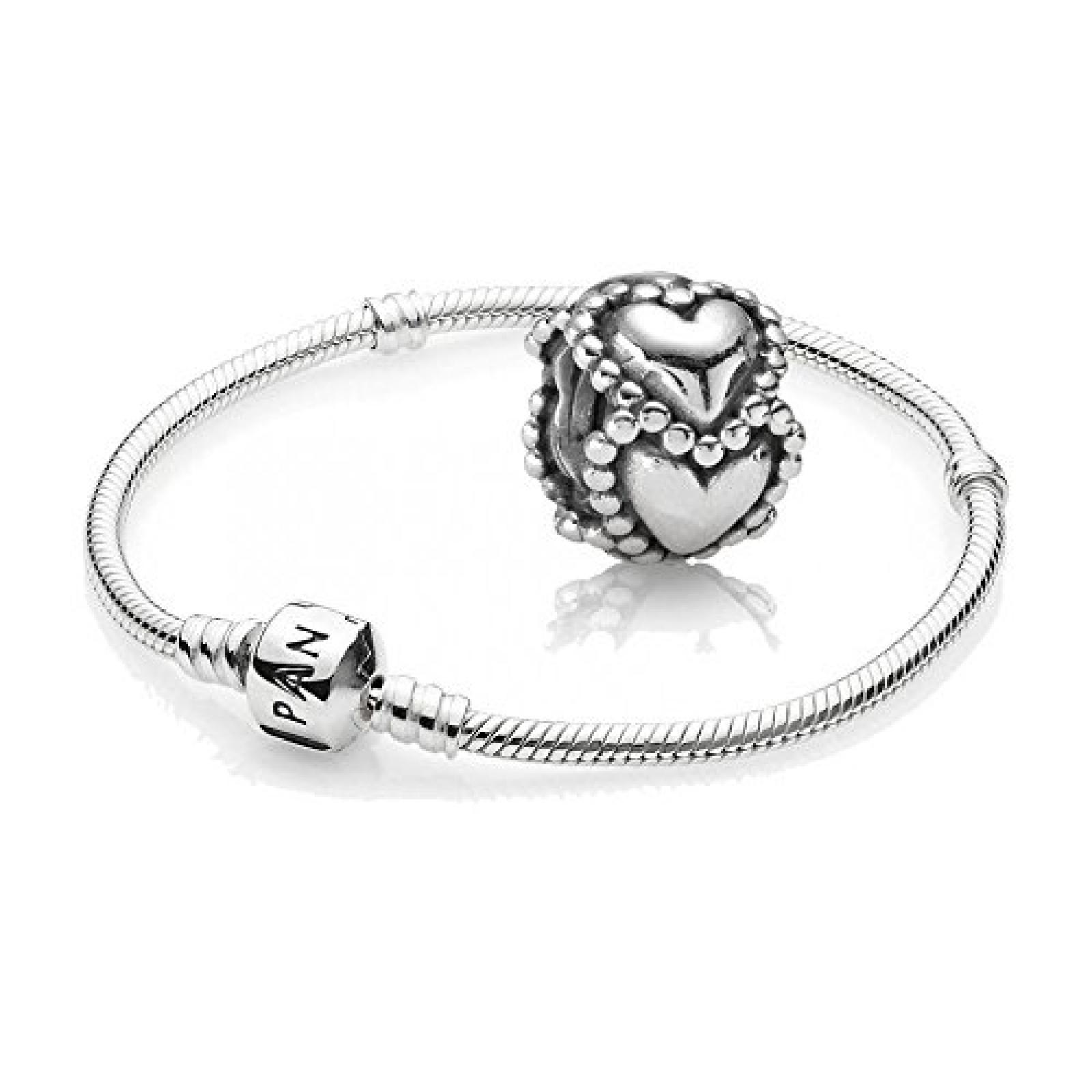 Original Pandora Geschenkset - 1 Silber Armband 590702HV und 1 Silber Element Gepunktete Herzen 790448 