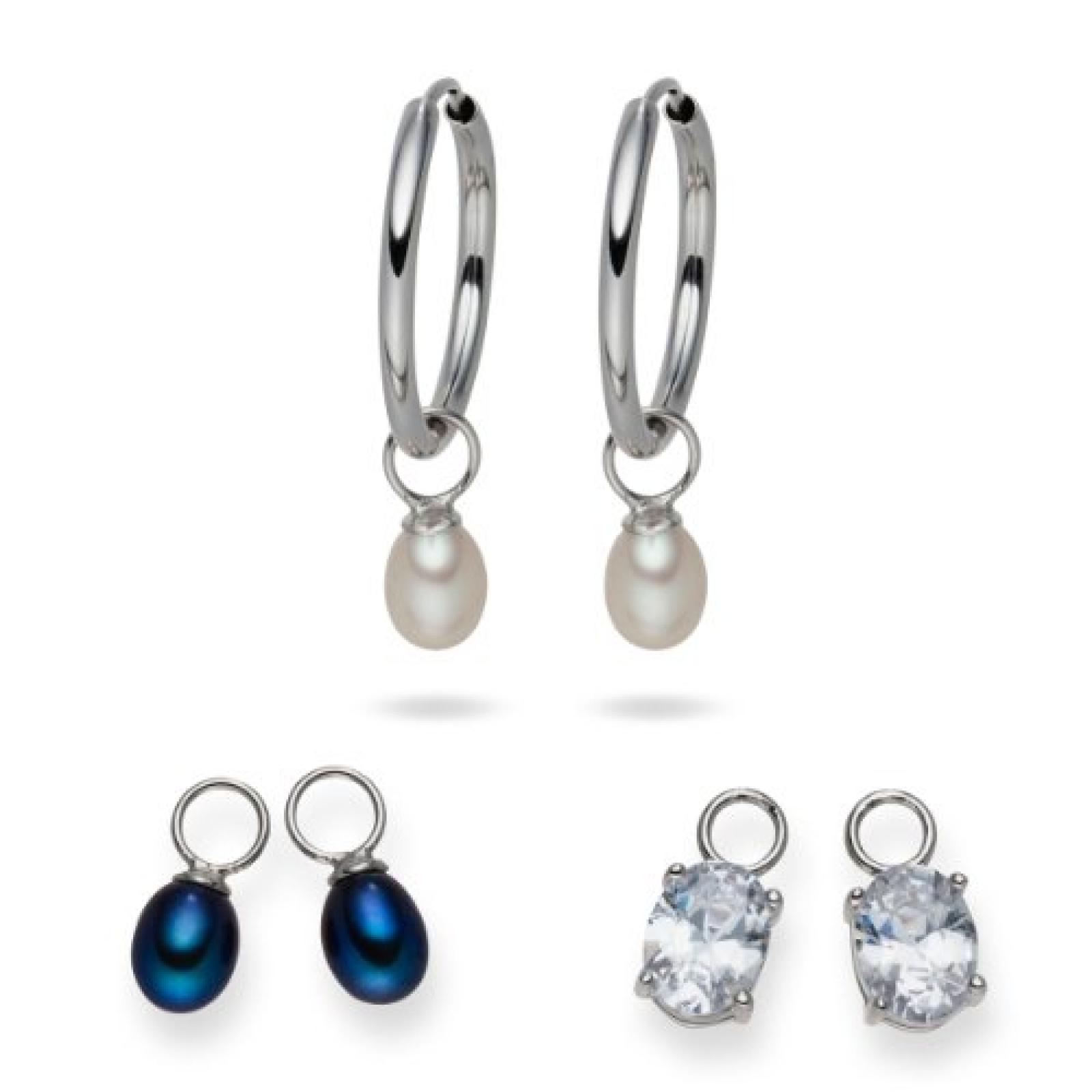 Valero Pearls Fashion Collection Damen-Creolen Hochwertige Süßwasser-Zuchtperlen in ca.  5-6 mm Tropfenform weiß / pfauenblau 925 Sterling Silber   Zirkonia weiß    60840001 