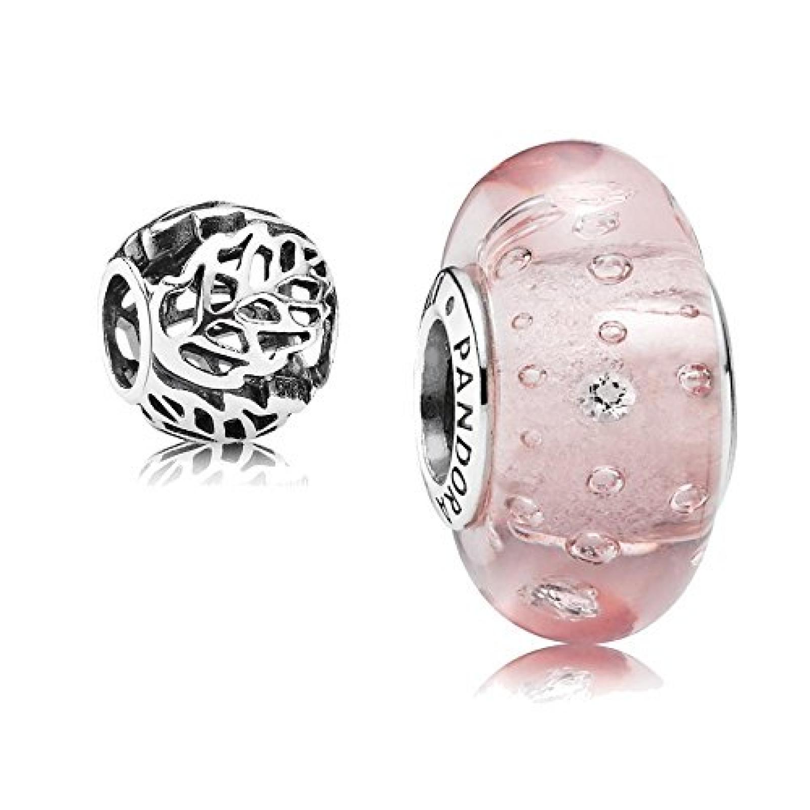 Original Pandora Geschenkset - 1 Silber Muranoglas Element Glitzer-Glas Rosa mit klarem Zirkonia 791615CZ und 1 Filigranes Silber Element Durchbrochene Blätter 791190 