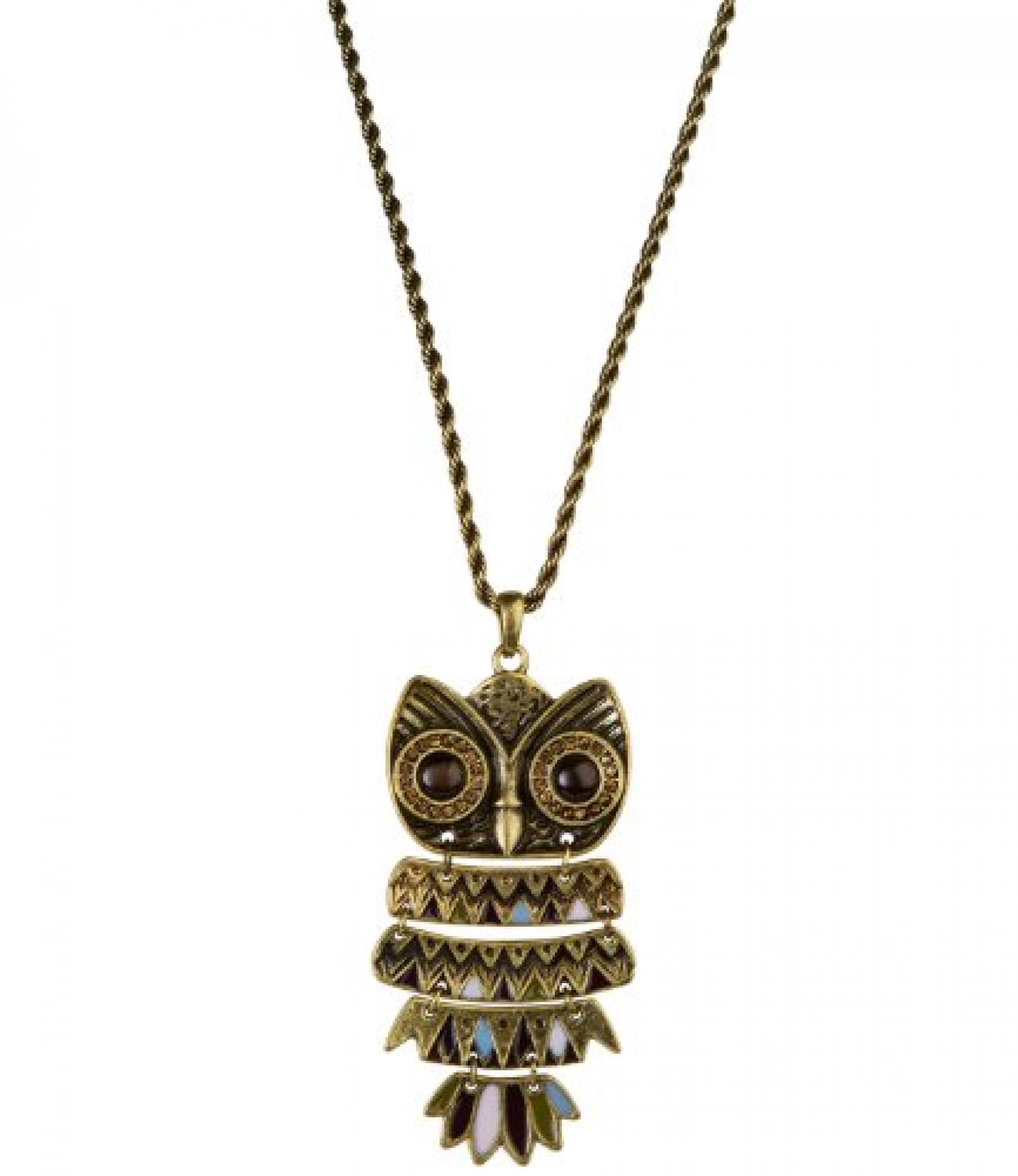 SIX antikgoldene Eulen Kette, Vintage, braun-blau-weiße Elemente (248-827) 