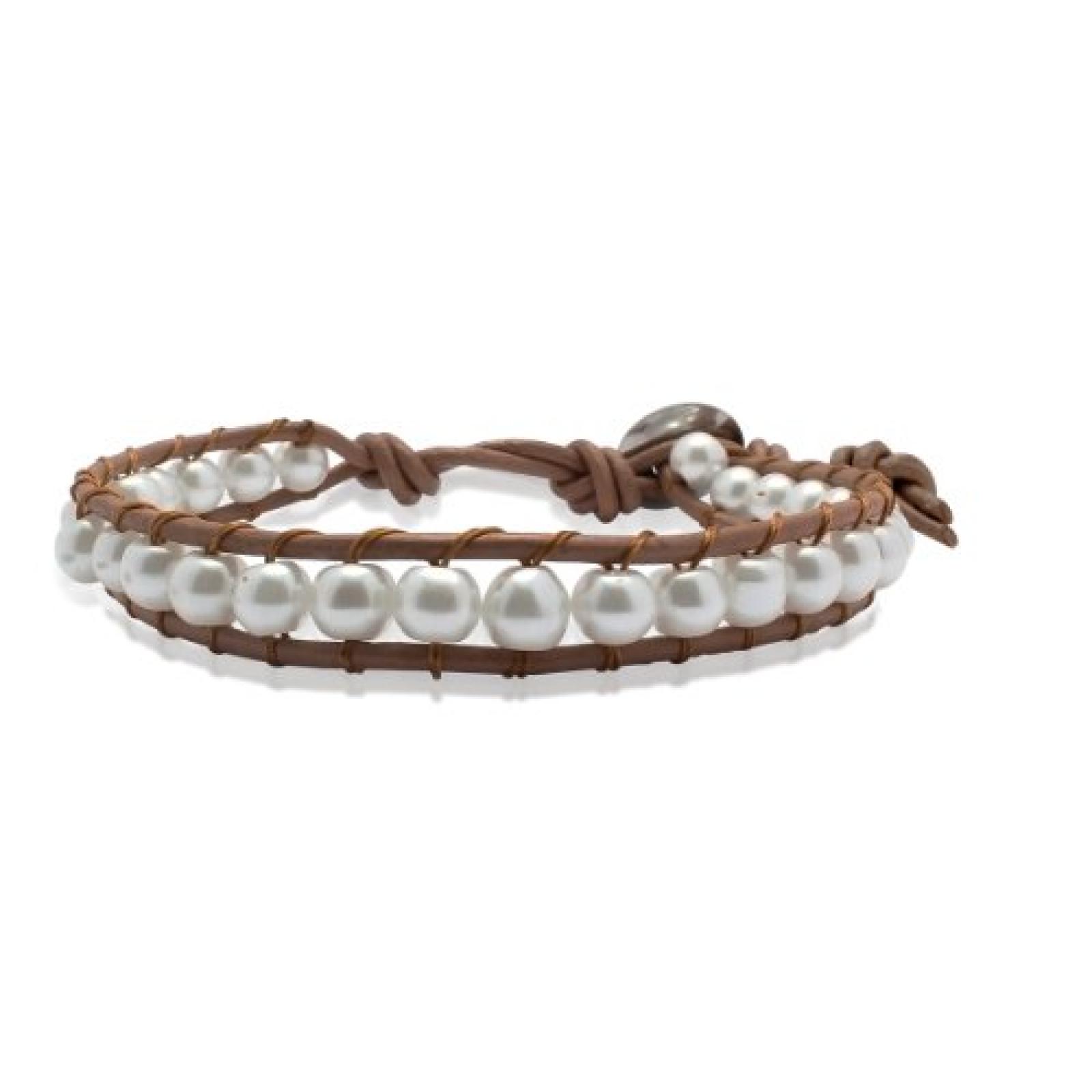 Rafaela Donata Damen-Armband Leather Collection Leder braun Perlen weiß 60831022 