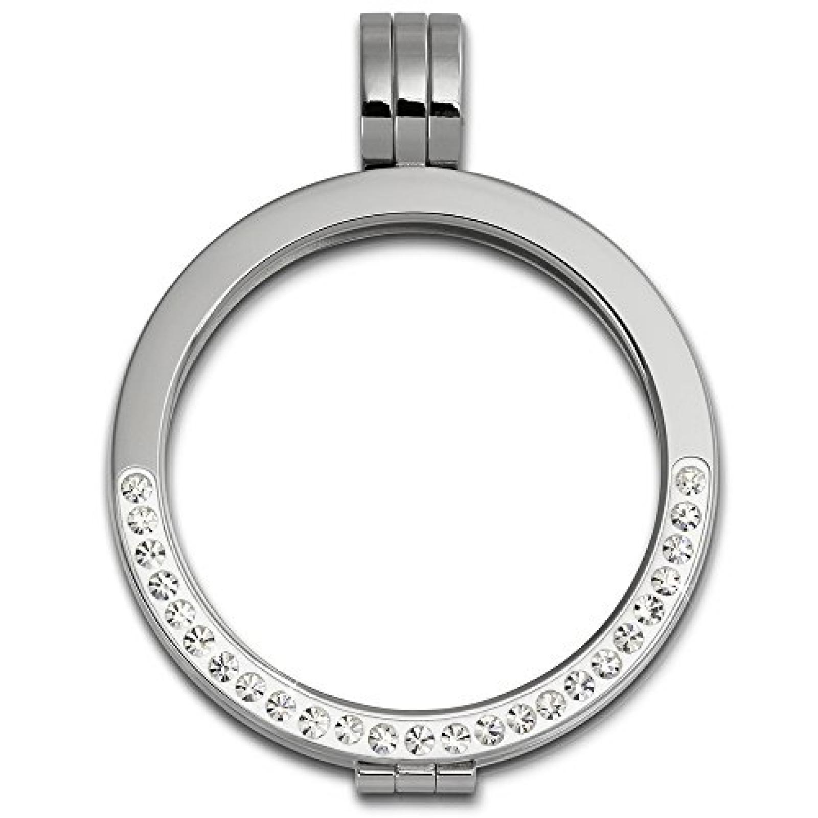 Amello Coin Edelstahl-Kettenanh&auml;nger silber mit Zirkonia wei&szlig; - Edelstahlanh&auml;nger - Coinsfassung f&uuml;r Damen - Edelstahlschmuck Stainless Steel ESC002W 