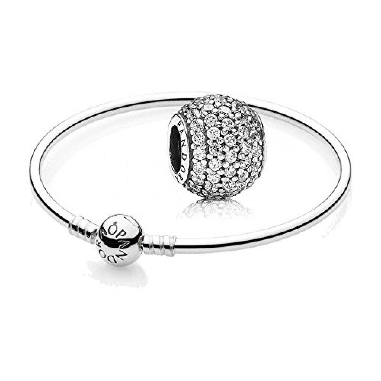 Original Pandora Geschenkset - 1 Silber Armreif 590713 und 1 Silber Element Pavé Kugel mit klarem Zirkonia 791051CZ 