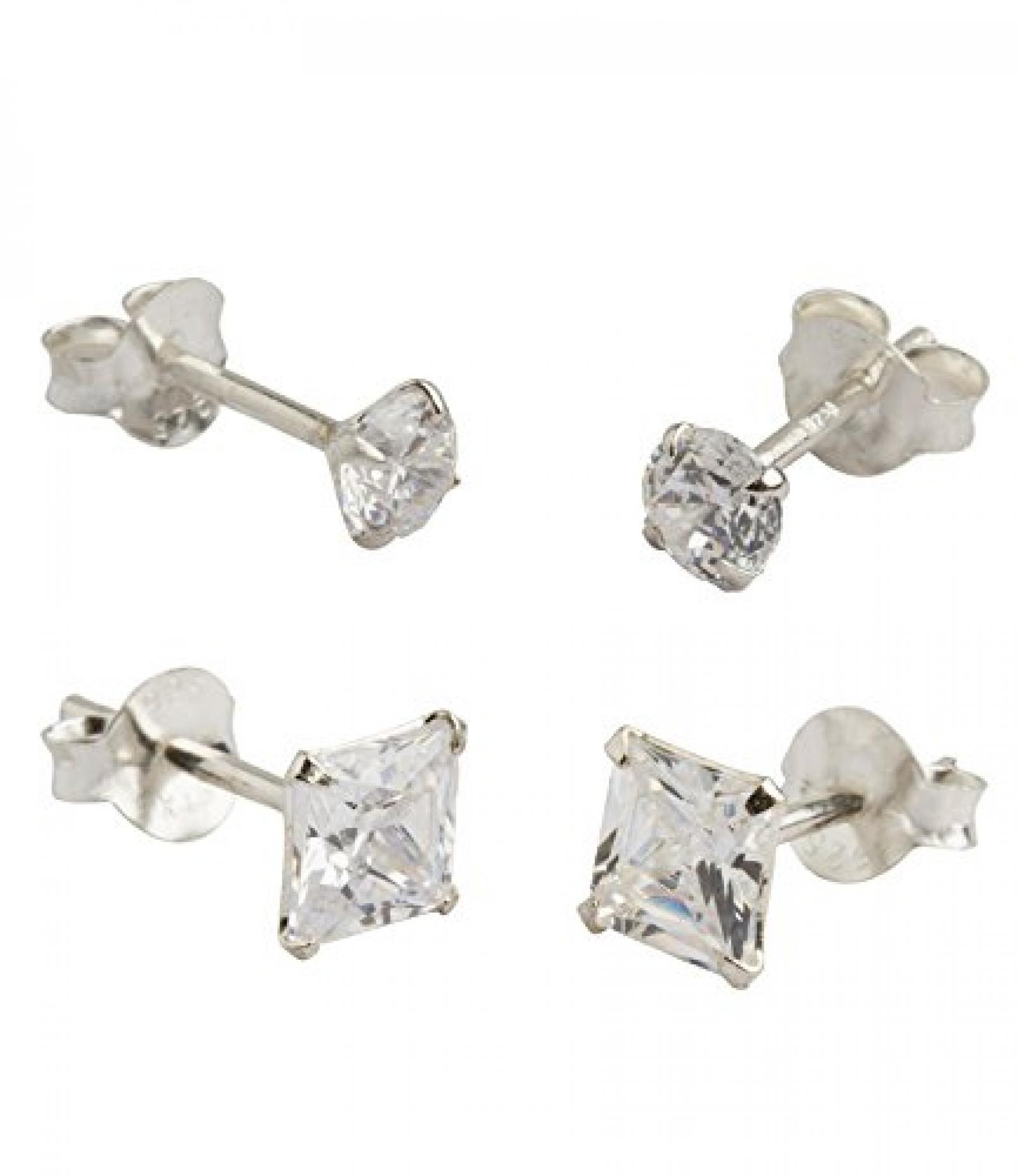 SIX MAN 2er Set Ohrstecker aus 925er Silber mit Zirkonia, eckig und rund (163-141) 