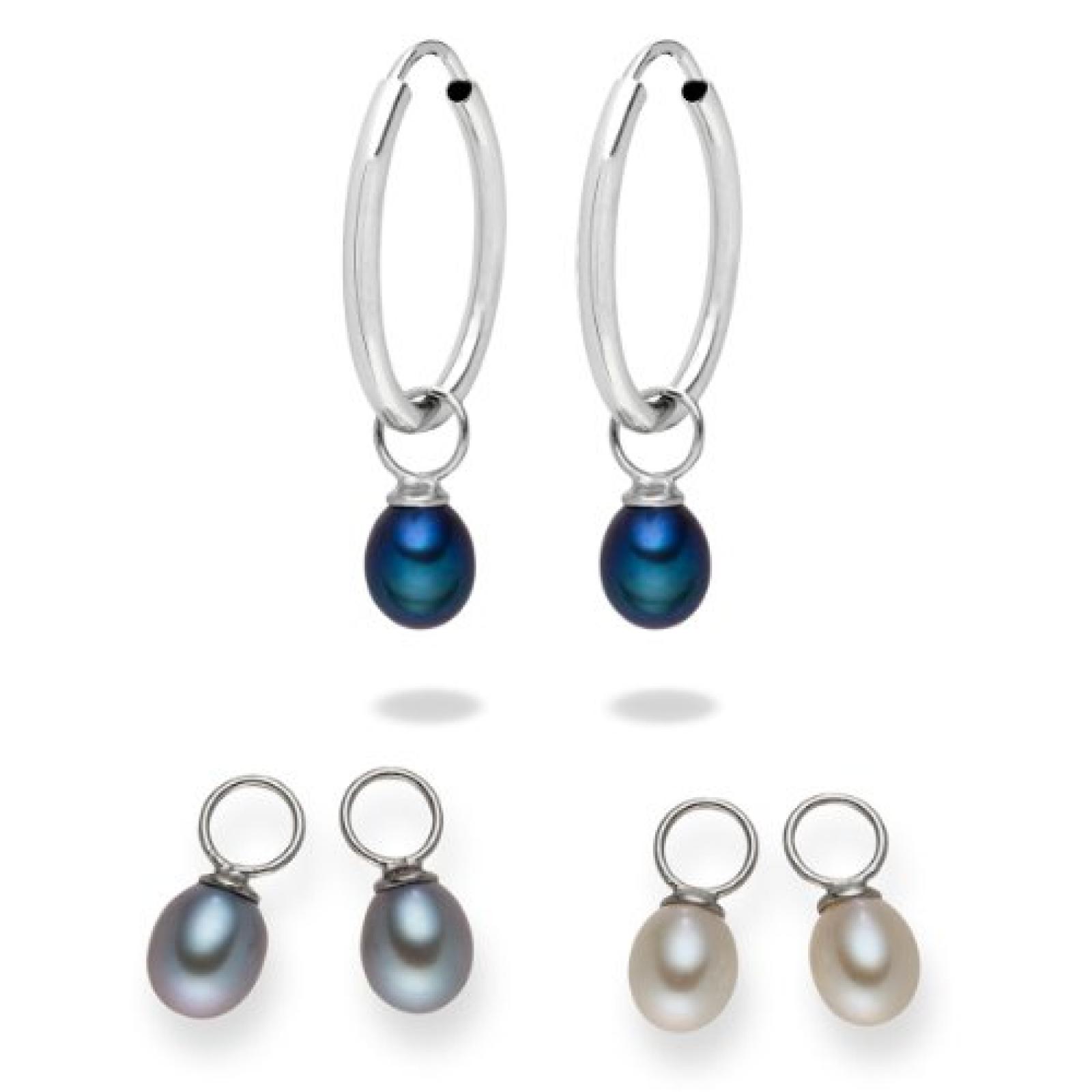 Valero Pearls Fashion Collection Damen-Creolen S&uuml;&szlig;wasser-Zuchtperlen wei&szlig; / silber / pfauenblau 925 Sterlingsilber 60840011 