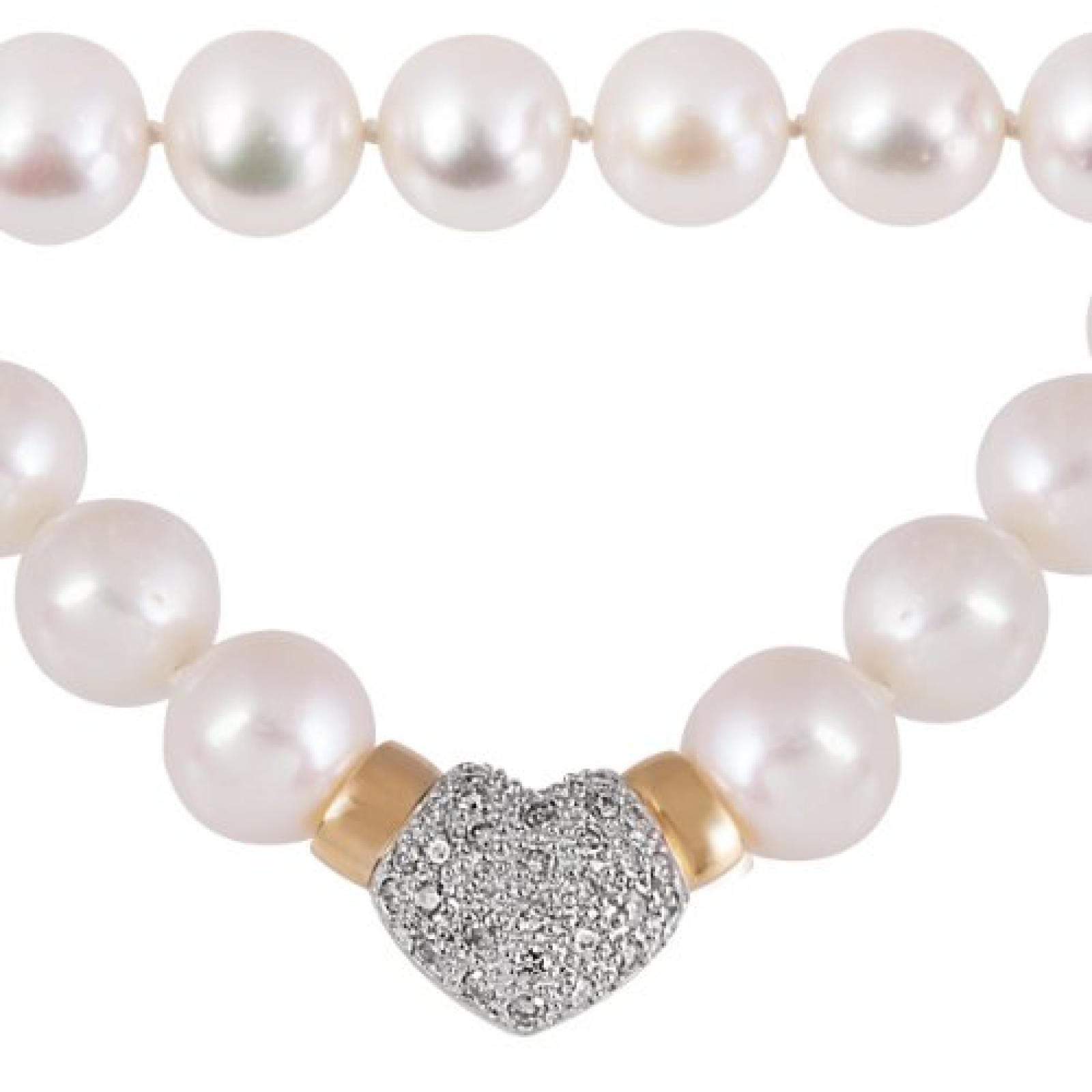 Bella Donna Damen-Perlencollier 333 Gelbgold teilrhodiniert 33 Brillanten 1,00 ct. get&ouml;ntes Weiss Piqu&eacute;2  S&uuml;&szlig;wasser-Zuchtperlen weiss 10,0 mm  45cm  101169 