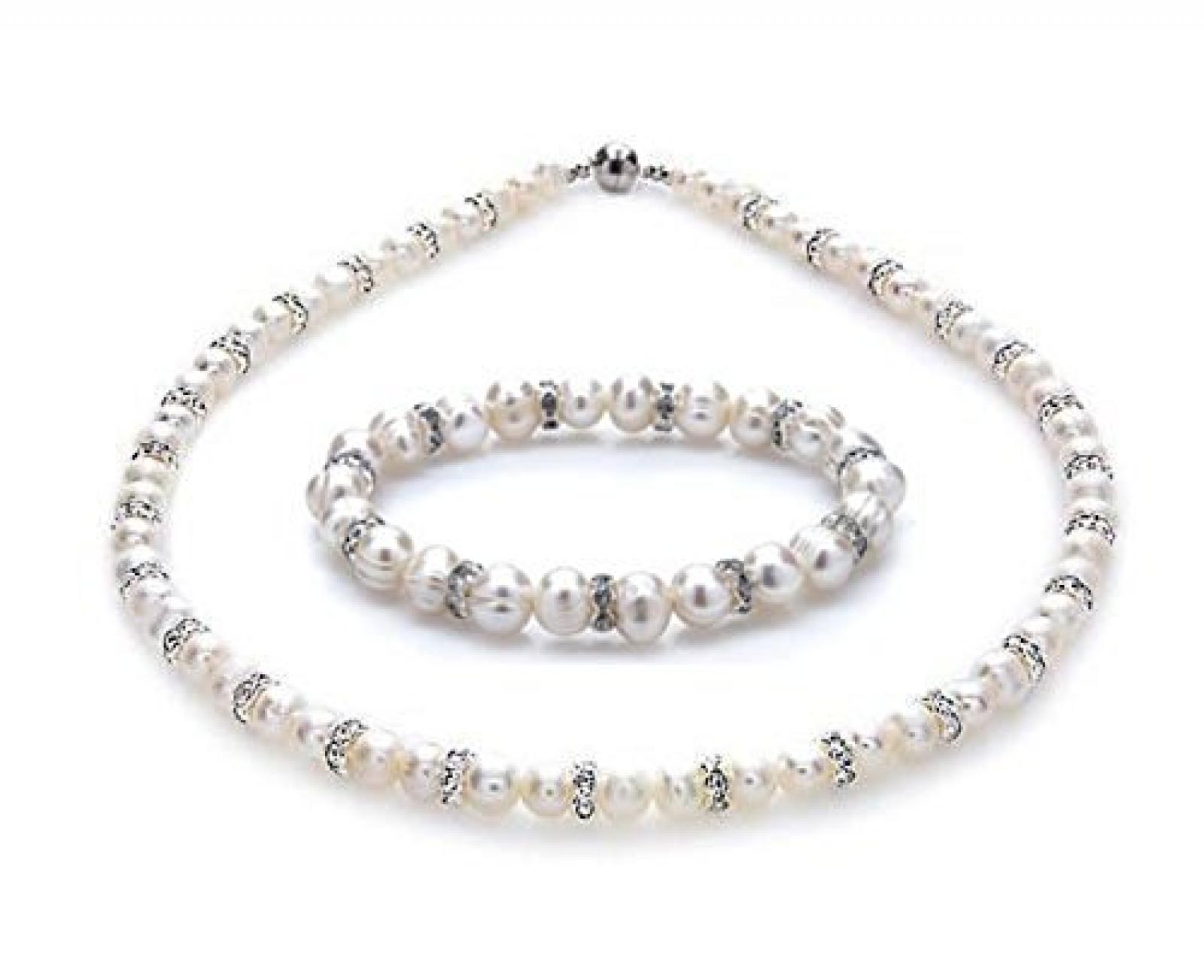 Silvity Damen S&uuml;&szlig;wasserperlen- und Strassschmuckset Perlenkette Perlenarmband wei&szlig; silber 40-42cm 50mm 804101-S-20 