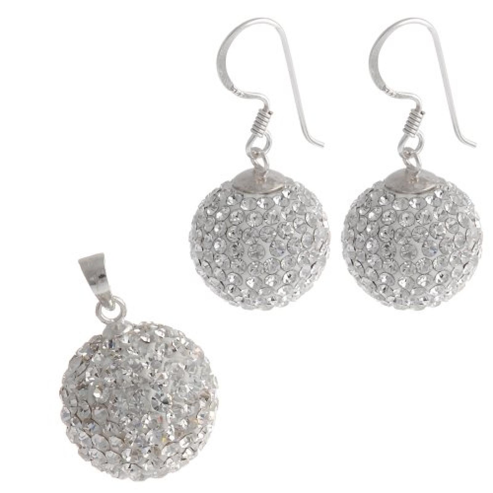 Bella Carina Damen Schmuckset Ohrringe 14 mm und Anh&auml;nger 14 mm, Kristall Kugel wei&szlig; 925 Sterling Siler 