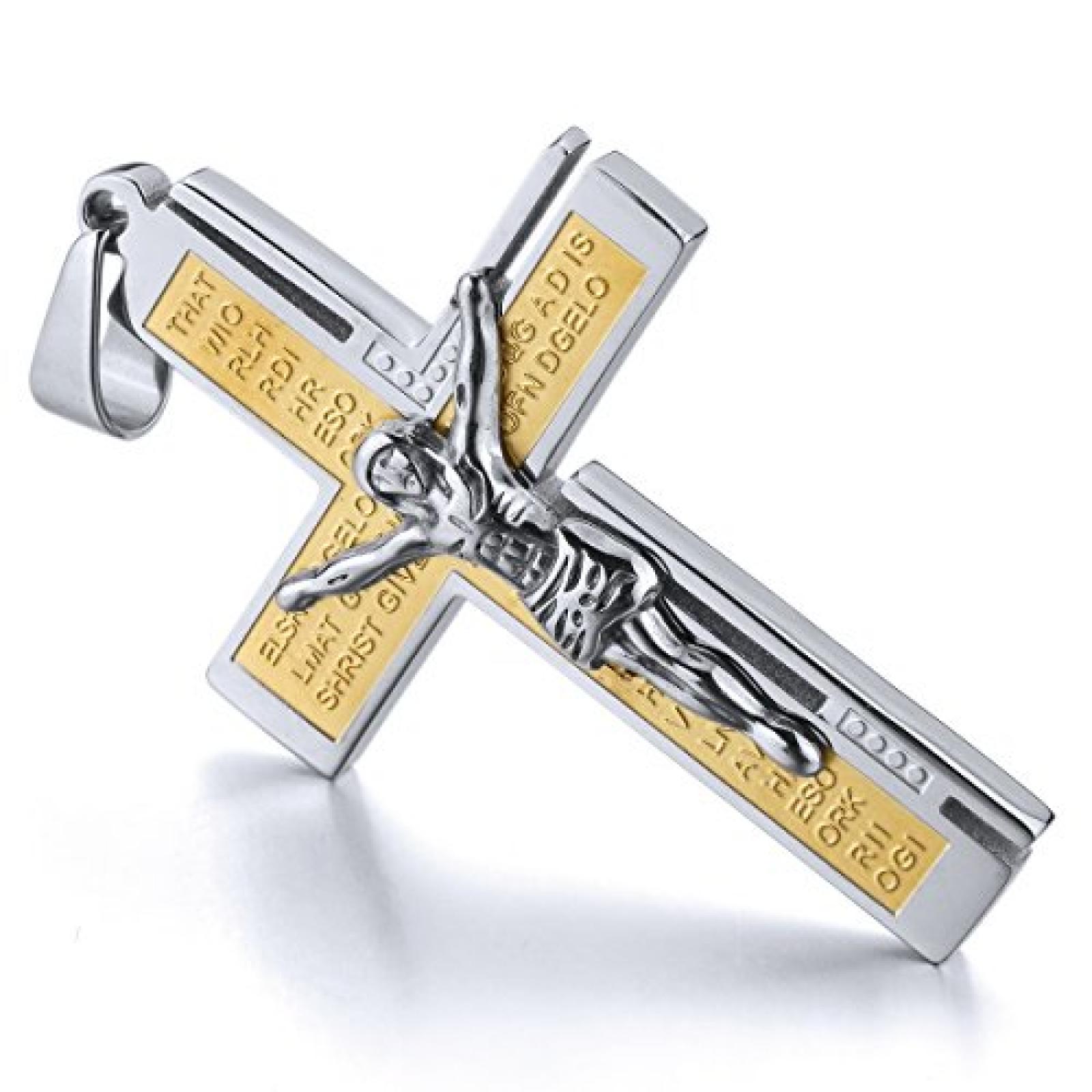 MunkiMix Edelstahl Anhänger Halskette Silber Gold Jesus Christ Kruzifix Kreuz Bibel Lords Prayer Jahrgang Herren ,mit 58cm Kette 