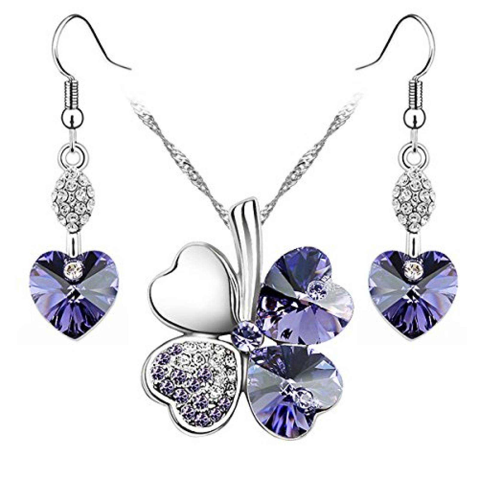 Le Premium® Schmuck-Set Vier Blättern Klee Halskette+ohrring baumeln Herz geformt Swarovski Tansanit lila Kristalle Le Premium® Schmuck-Set Vier Blättern Klee Halskette+ohrring baumeln Herz geformt Swarovski Tansanit lila Kristalle