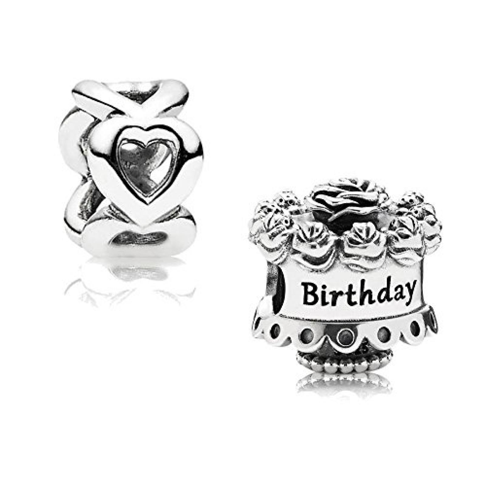 Original Pandora Geschenkset - 1 Silber Element Happy Birthday 791289 und 1 Silber Zwischenelement Offene Herzen 790454 