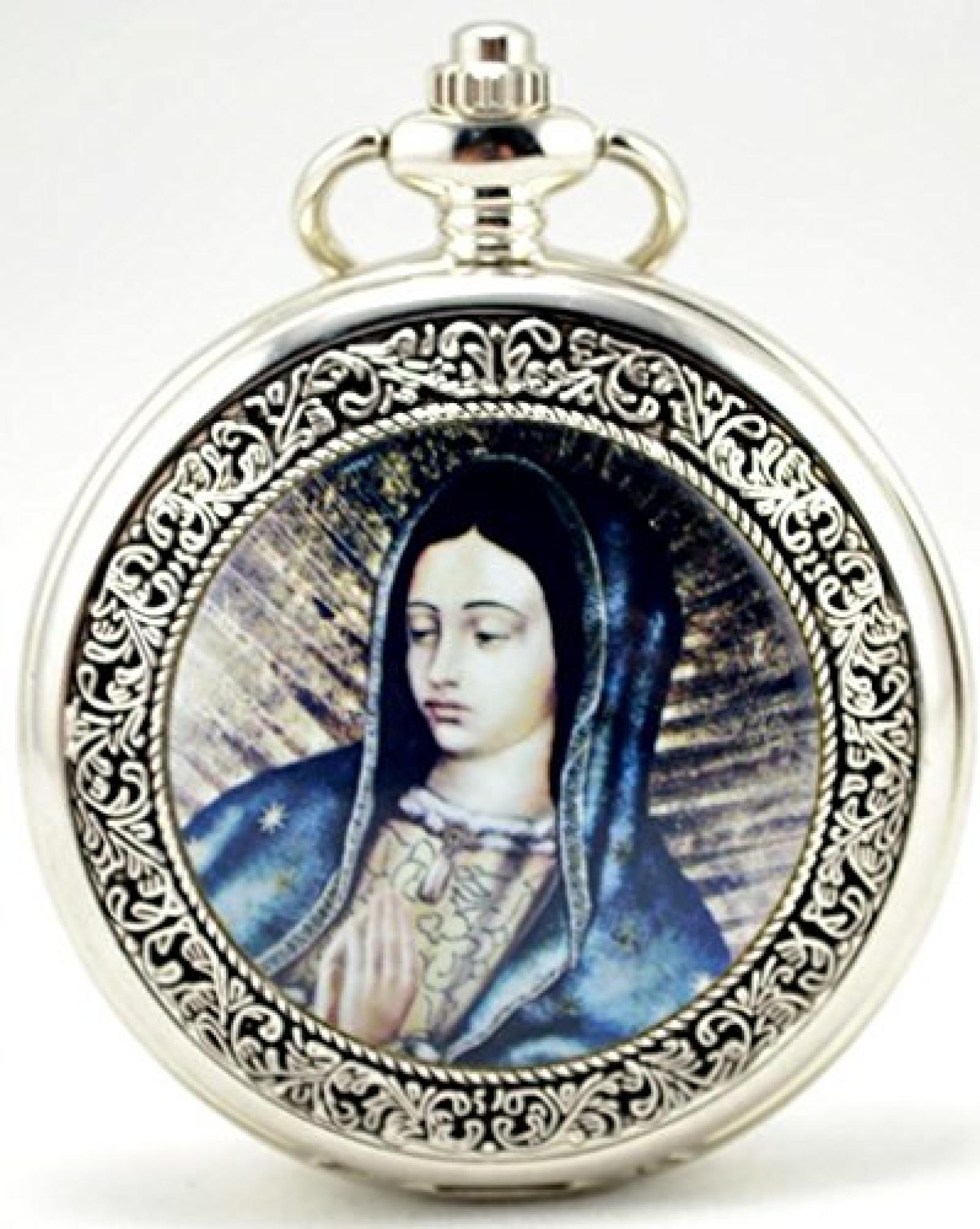 Unendlich Unique Christianity Blessed Virgin Mary mit Handaufzug mechanische Taschenuhr mit Skelett aus Stahl,Silber 