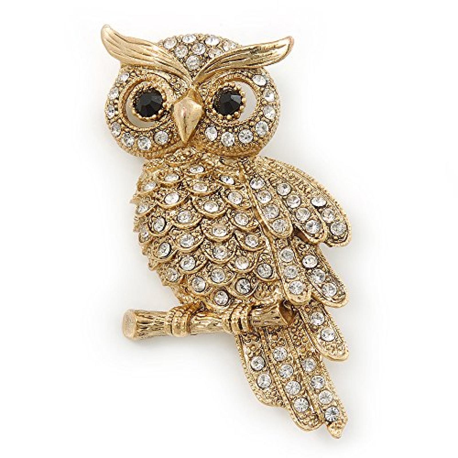 Klarer Swarovski-Kristall, Eulen-Brosche, vergoldet Klarer Swarovski-Kristall, Eulen-Brosche, vergoldet