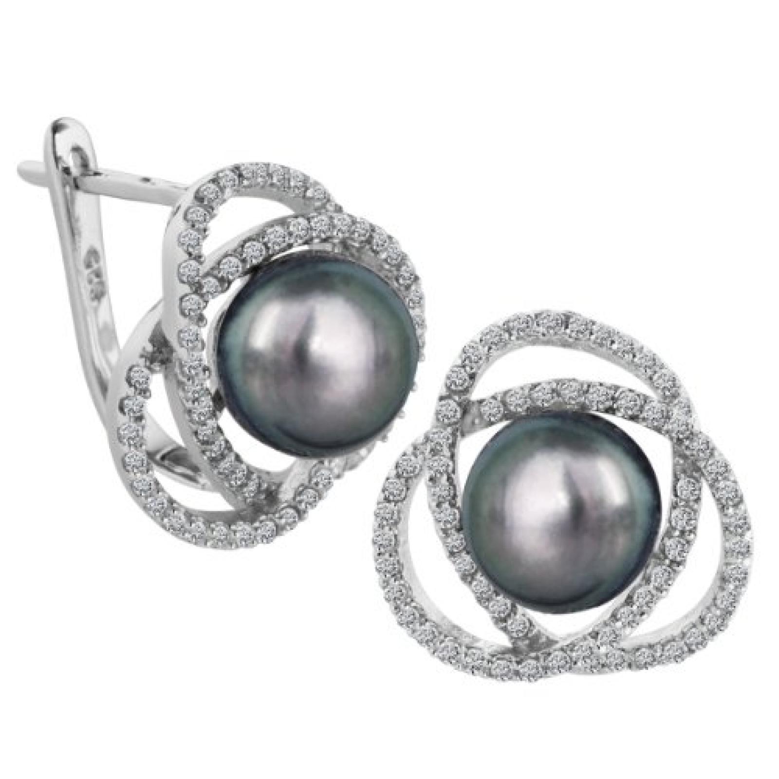 Bella Donna Damen-Ohrstecker 925 Sterling Silber 2 Süßwasser Zuchtperlen grau-schwarz 9,0 mm Zirkonia weiss 109332 