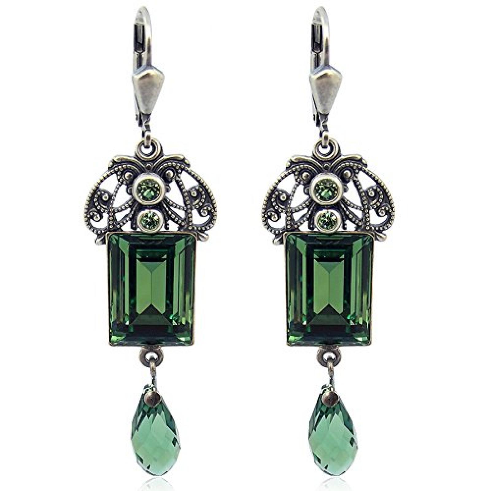 Ohrringe Jugendstil mit SWAROVSKI ELEMENTS - Farbe Silber Emerald - in Etui - Made in Germany 