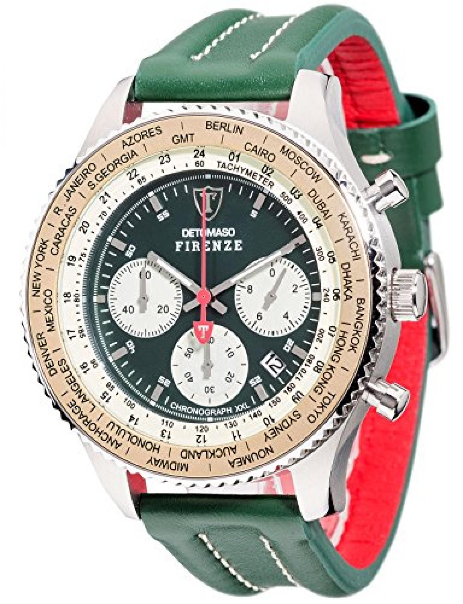 Detomaso Herren-Armbanduhr XL FIRENZE RACING XXL Green Classic Chronograph Quarz Leder DT1045-B Detomaso Herren-Armbanduhr XL FIRENZE RACING XXL Green Classic Chronograph Quarz Leder DT1045-B
