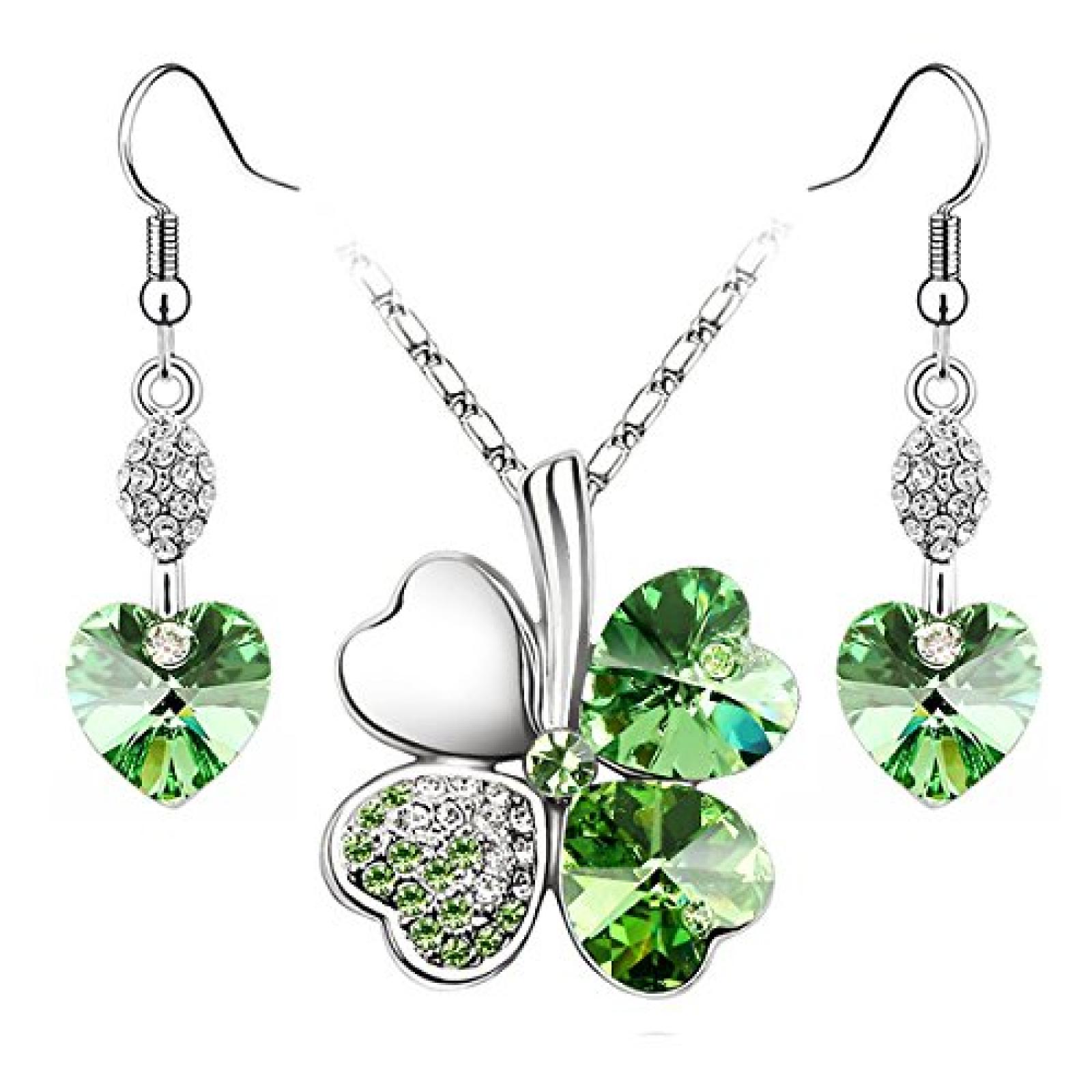 Kleeblatt Kette Herz Ohrringe mit Swarovski Elements Set Peridot Gr&uuml;n 
