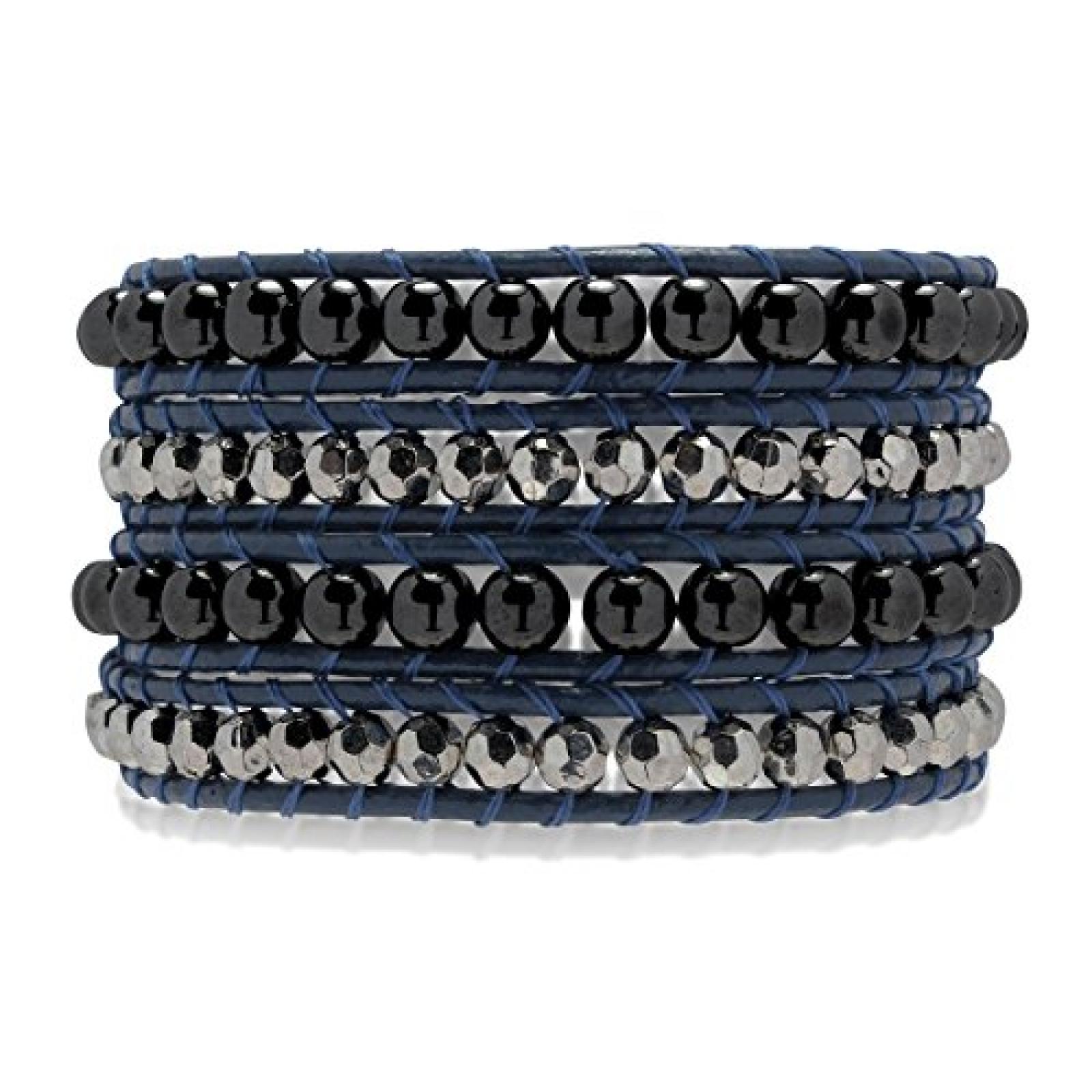 Rafaela Donata Armband Echtleder dunkelblau H&auml;matit grau 72cm - 60291065 