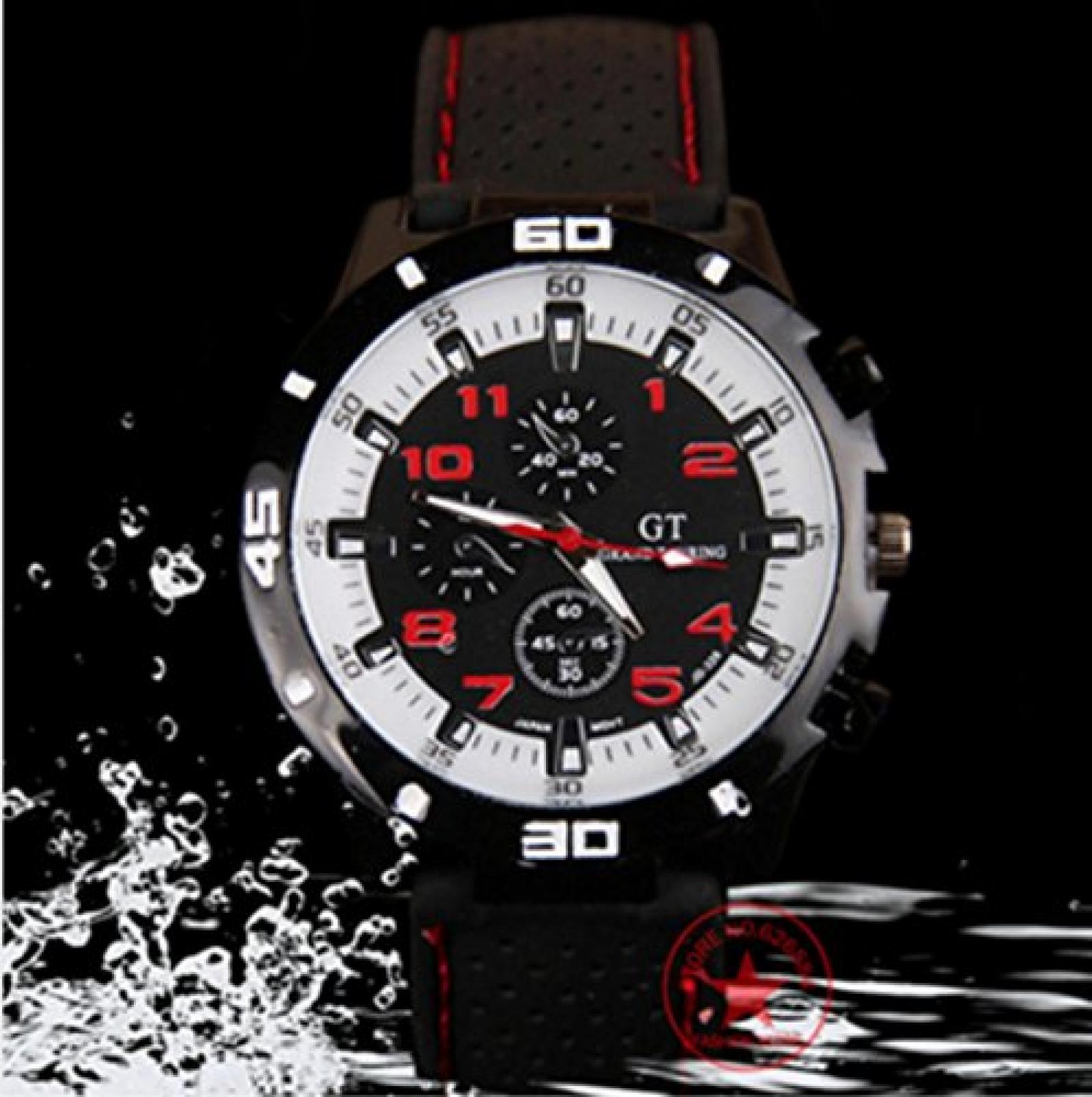 Grand Touring Sportuhr mit topaktuellen roten Ziffern und weißem Ziffernblatt - Präzessionsuhrwerk - Analog 