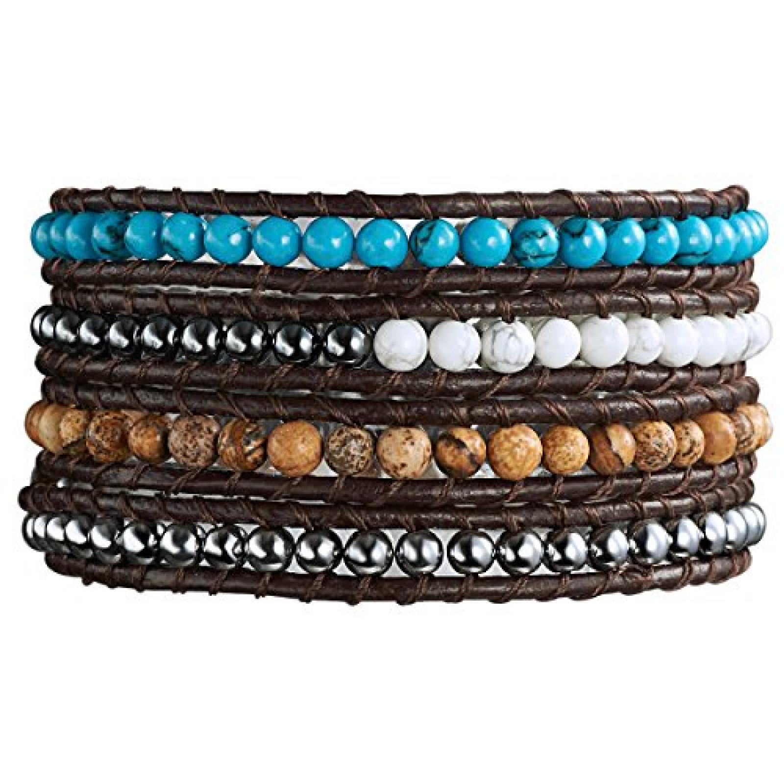 Rafaela Donata Damen-Armband Leather Collection Leder schwarz T&uuml;rkis Jaspis braun H&auml;matit grau Glaskristall silberfarben 60831018 