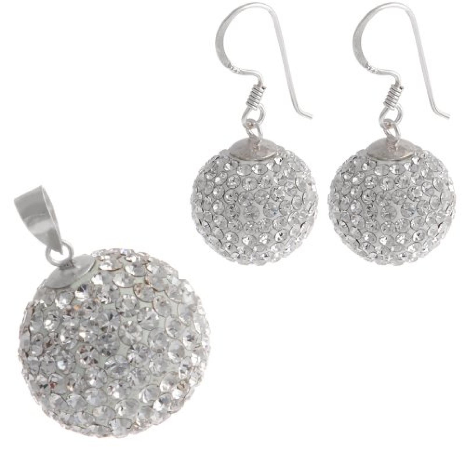 Bella Carina Damen Set Ohringe 14 mm und Anh&auml;nger 18 mm Kristall Kugel wei&szlig; 925 Sterling Silber 