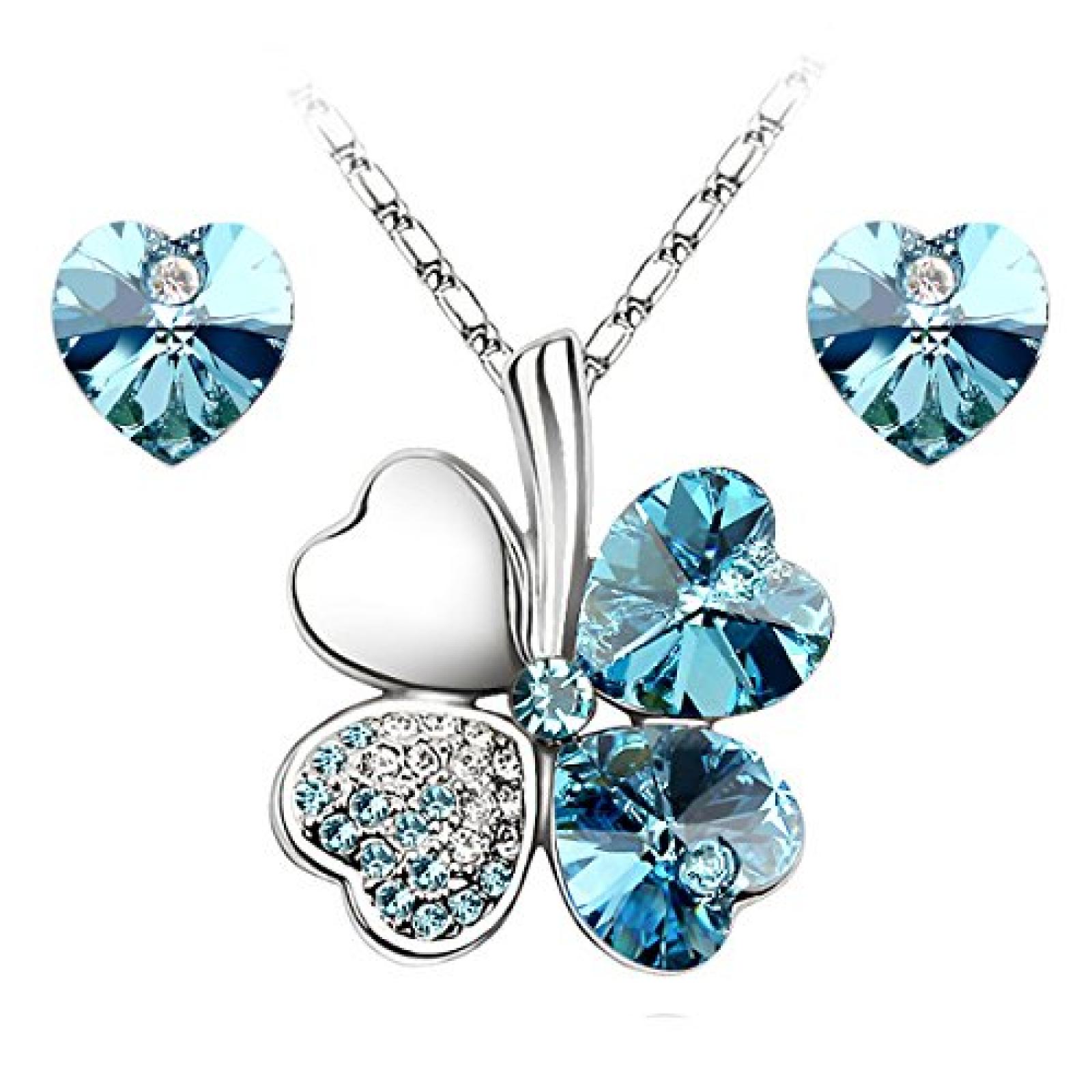 Le Premium&reg; Schmuck-Set vier Bl&auml;ttern Klee Halskette+ohrring Gest&uuml;t Herz geformt Swarovski Aquamarine Blau Kristalle 