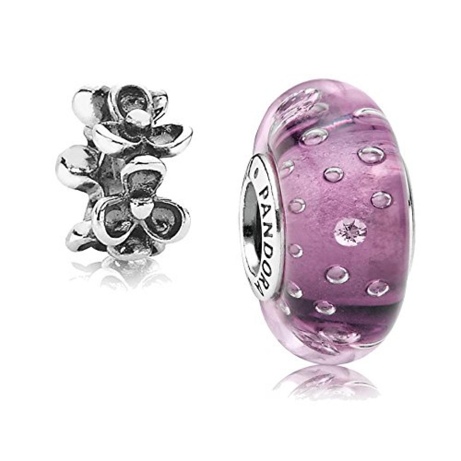 Original Pandora Geschenkset - 1 Silber Muranoglas Element Glitzer-Glas Lila mit klarem Zirkonia 791616CZ und 1 Silber Zwischenelement Stiefm&uuml;tterchen 790857 