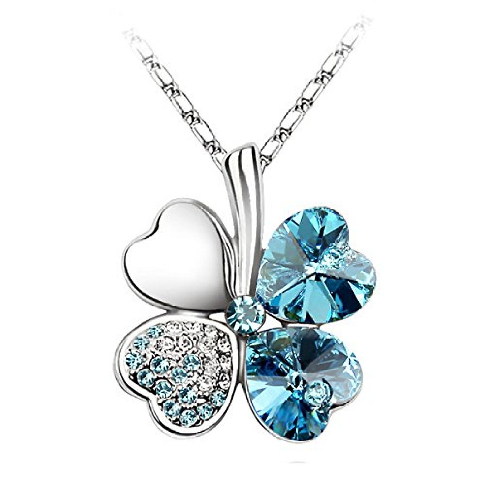 Le Premium Kleeblatt Kette mit Swarovski Kristallen Aquamarin Blau 