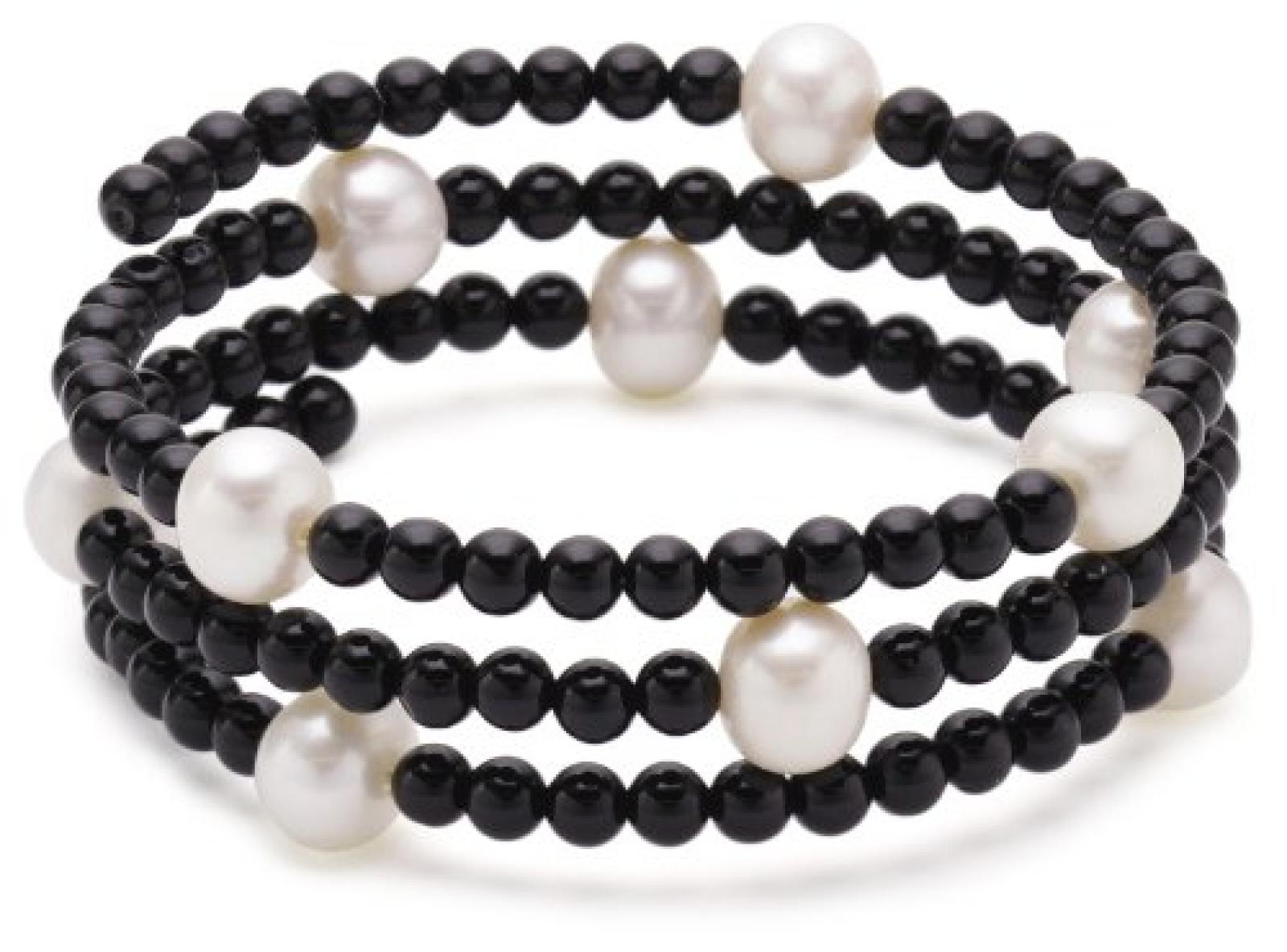 Valero Pearls Fashion Collection Damen-Armband elastisch Hochwertige Süßwasser-Zuchtperlen in ca.  8 mm Rund weiß    Onyx 50 cm   60200802 