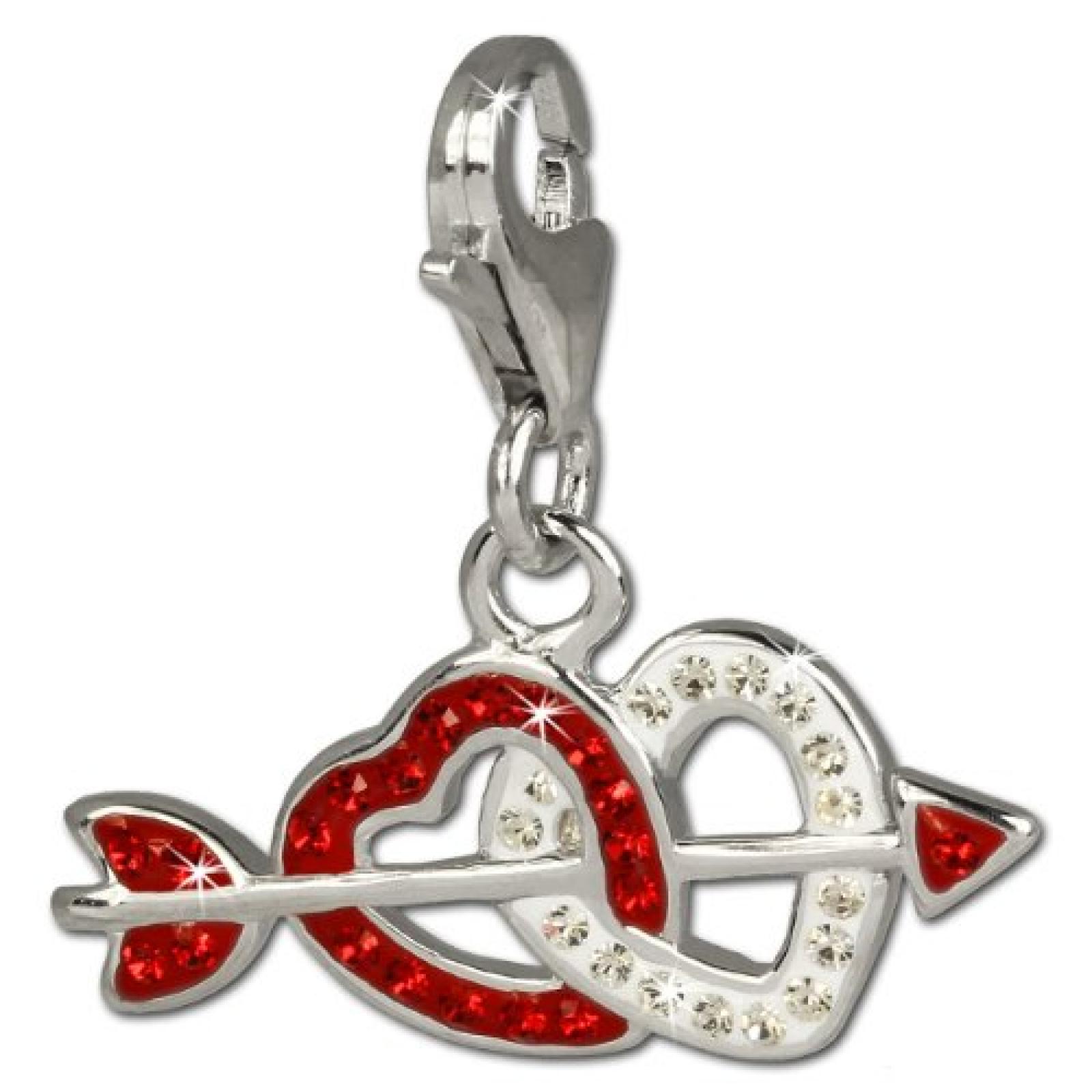 SilberDream Glitzer Charm Doppelherz mit Pfeil rot/wei&szlig; Zirkonia Kristalle Anh&auml;nger 925 Silber f&uuml;r Bettelarmb&auml;nder Kette Ohrring GSC503R 