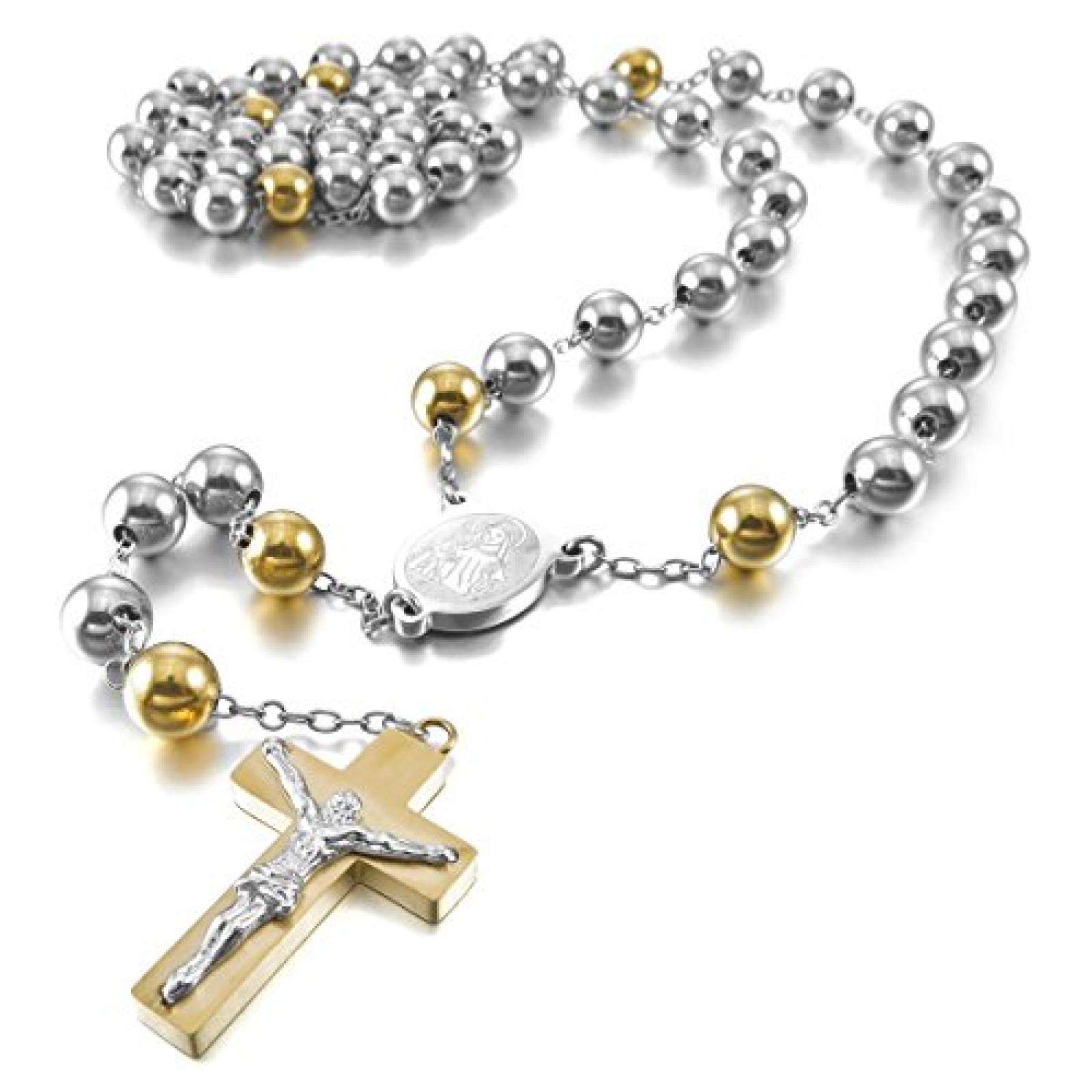 Flongo Rosenkranz-Kette Aus Edelstahl - Mit Maria/Jesus-Anhänger, 60 Cm, Silber/Gold Wählbar