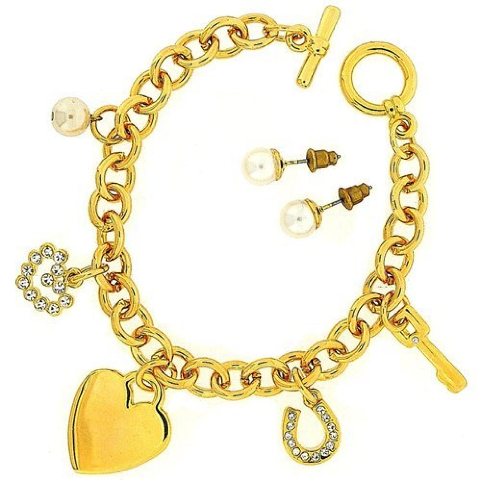 Pierre Cardin Geschenkset goldfarbenes Armband mit Anh&auml;ngern/Perlenohrringen 